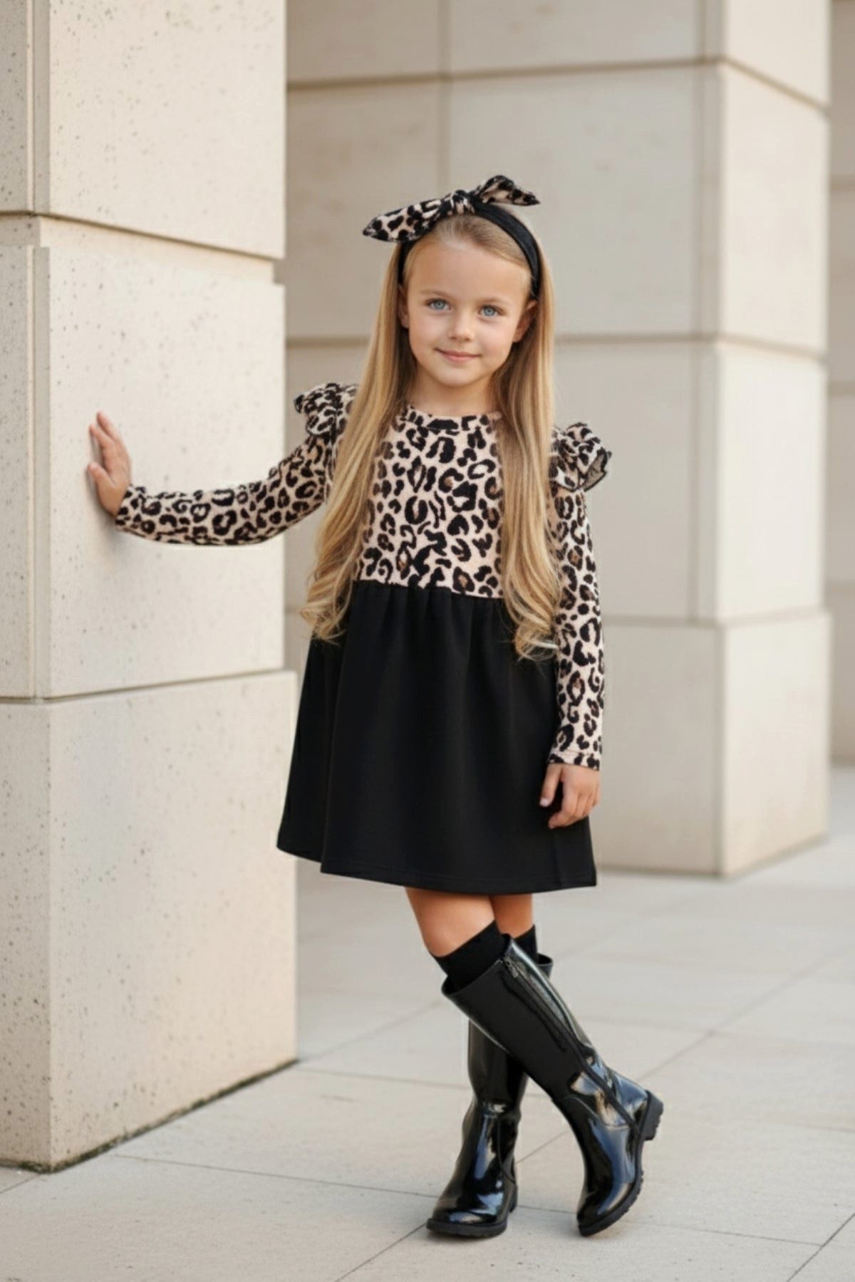 Parla Kids Kleid & Haarband Kleid - schwarz Leopardenmuster - Rüschensaum und passendes Haarband