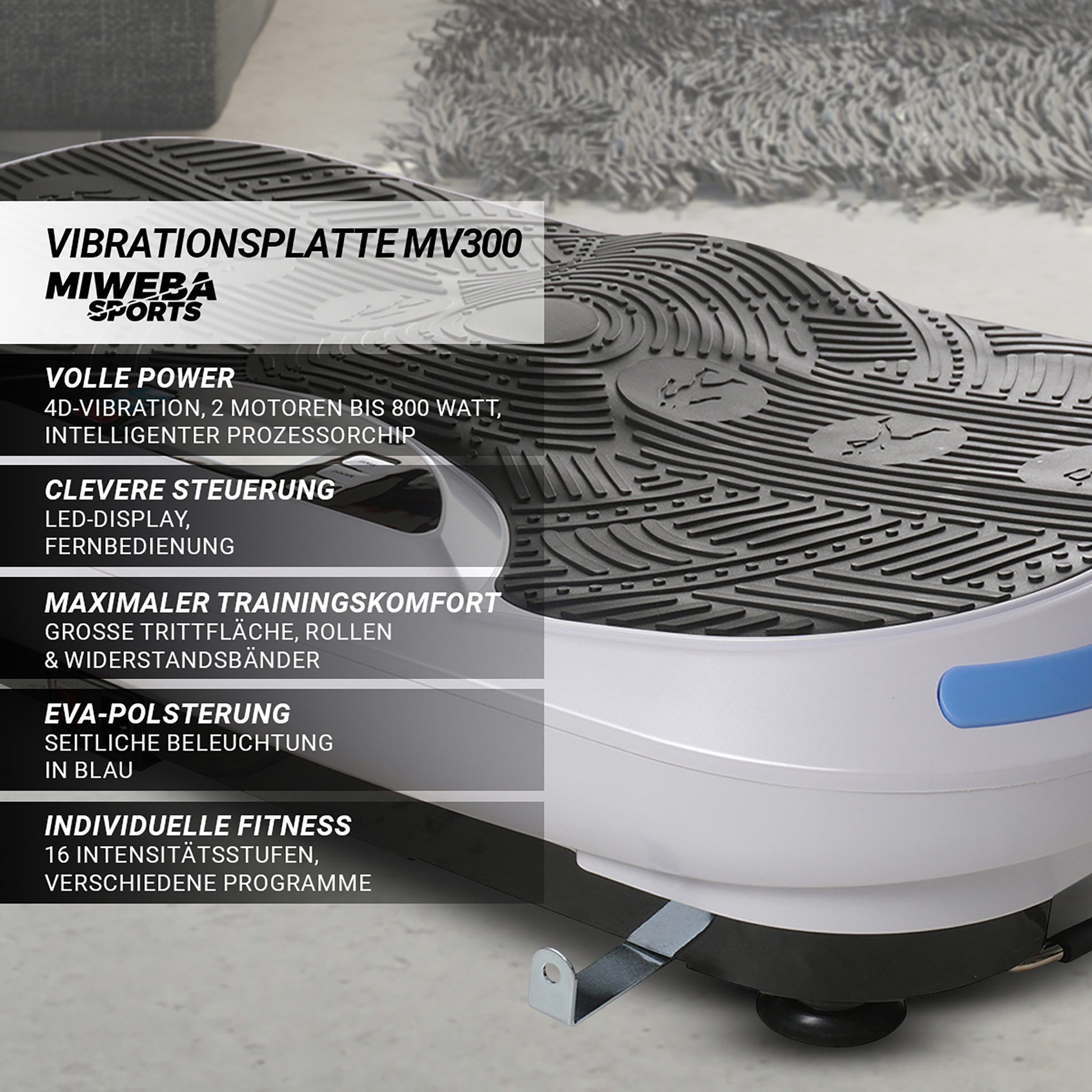 Miweba Sports Vibrationsplatte Profi Vibrationsboard MV300 Fernbedienung - 4D-Vibration, 800 W, 16 Intensitätsstufen, (LED-Display, 120 kg max. Benutzergewicht, 4D-Wave-Vibration, 3 vordefinierte Trainingsprogramme, drei Vibrationszonen, Bluetooth, 2 Motoren, Power Ropes, extra große Trittfläche, Transportrollen, Transportgriff, LED Beleuchtung, 50 Hz, Ganzkörpertraining, Fettverbrennung, Trainingsgerät, Sportgeräte Fitnessgeräte für Zuhause, 3 tlg), 3 J. Garantie - Fitnessgerät Vibrationstrainer Sportgerät