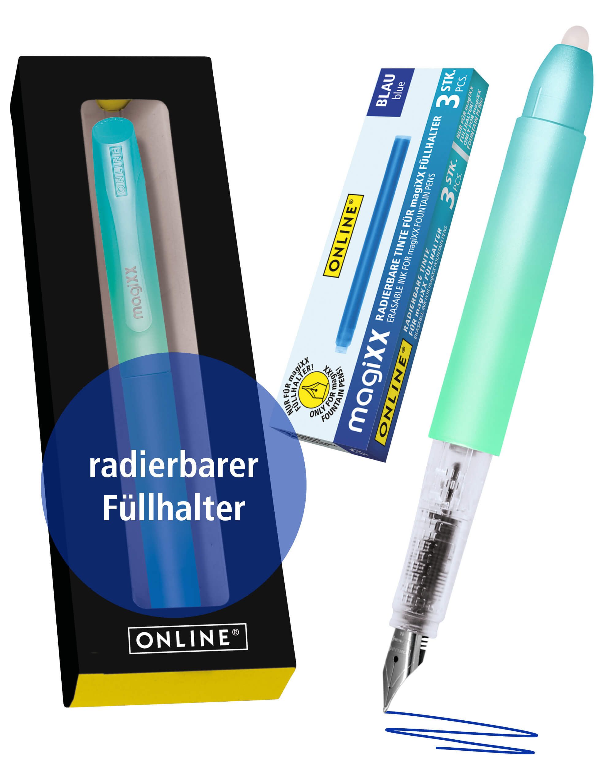 Online Pen Füller magiXX Radierbarer Füller, mit radierbarer, blauer Tinte, inkl. 4 magiXX Patronen, Vorteilspack