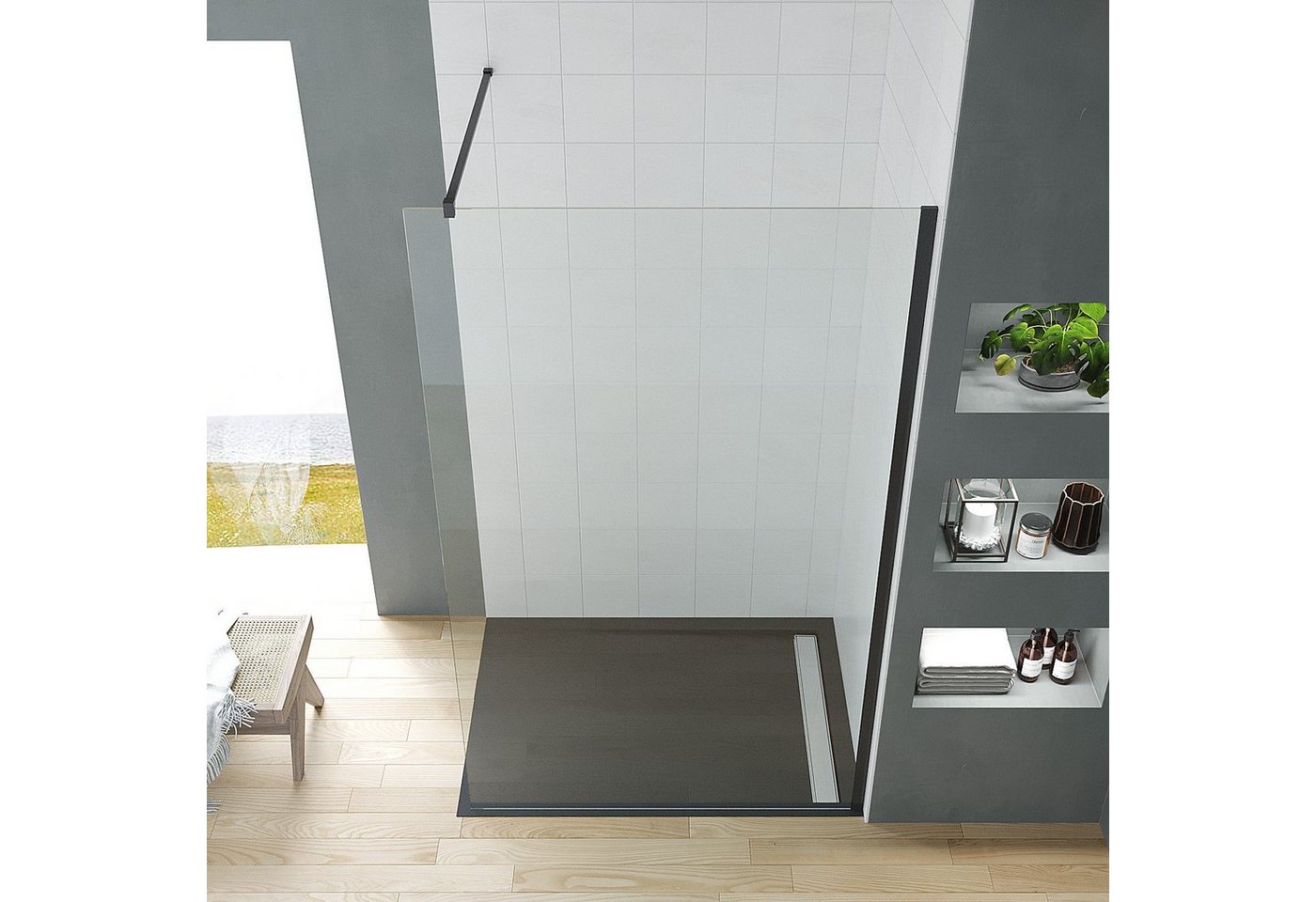 Thumbnail - AQUABATOS Walk-in-Dusche Duschabtrennung schwarz matt Duschwand Glas Duschtrennwand walk in, 8 mm Einscheibensicherheits...