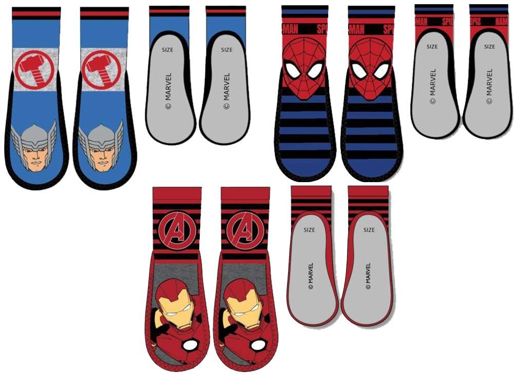 Haussocken 3x AVENGERS + SPIDERMAN Hausschuh Socken Kindersocken Jungen + Mädchen Strümpfe mit Sohle Gr.26/27 28/29