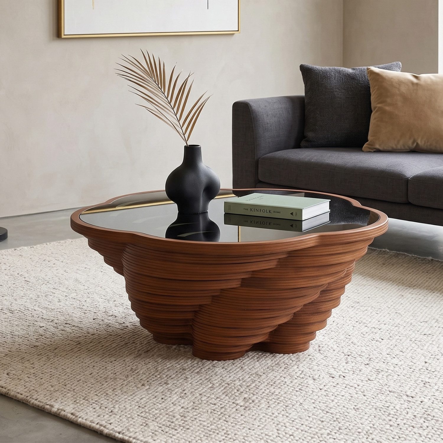 alesvelt Couchtisch Onda Stratificata rustikal handgefertigt Nussbaum Glasplatte, 90 x 90 x 39 cm, Organisch