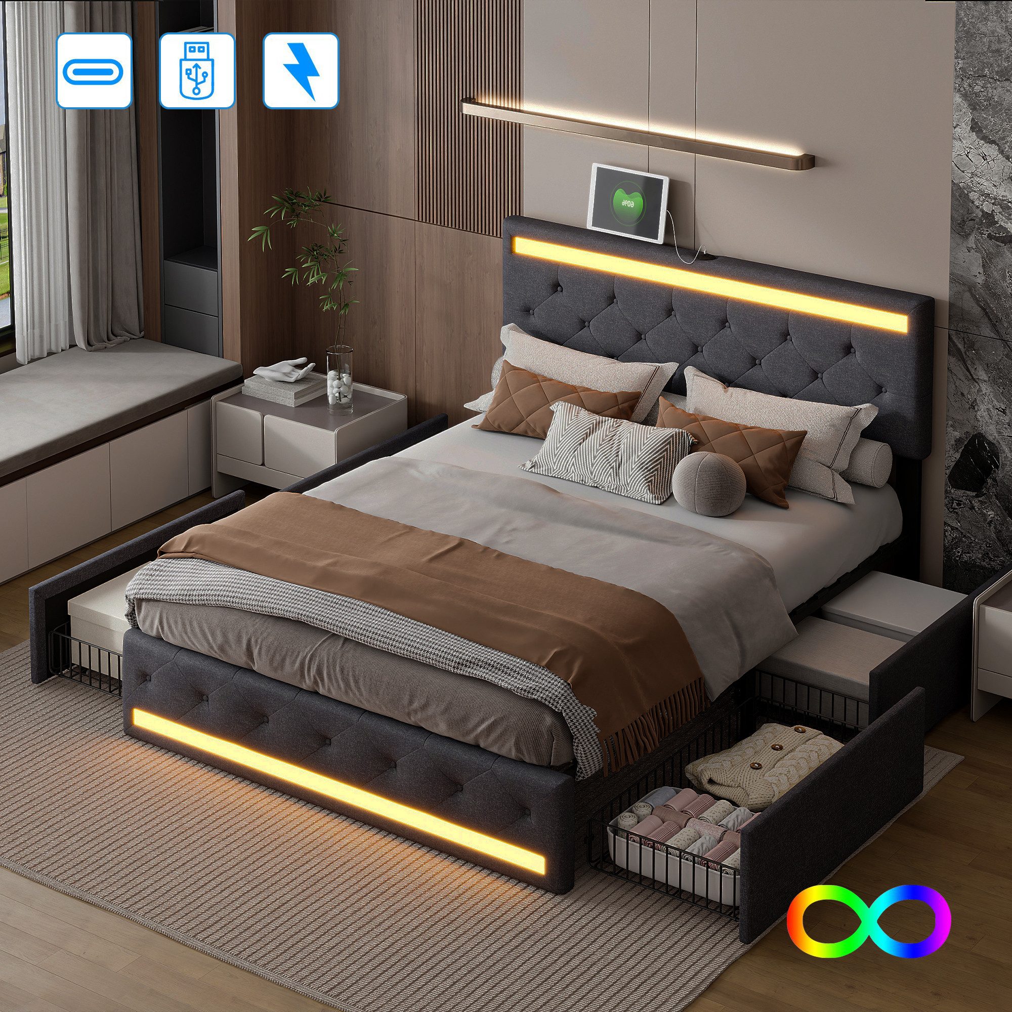 PXloue Polsterbett LED Doppelbett, Jugendbett, mit LED-Beleuchtung und USB/ günstig online kaufen