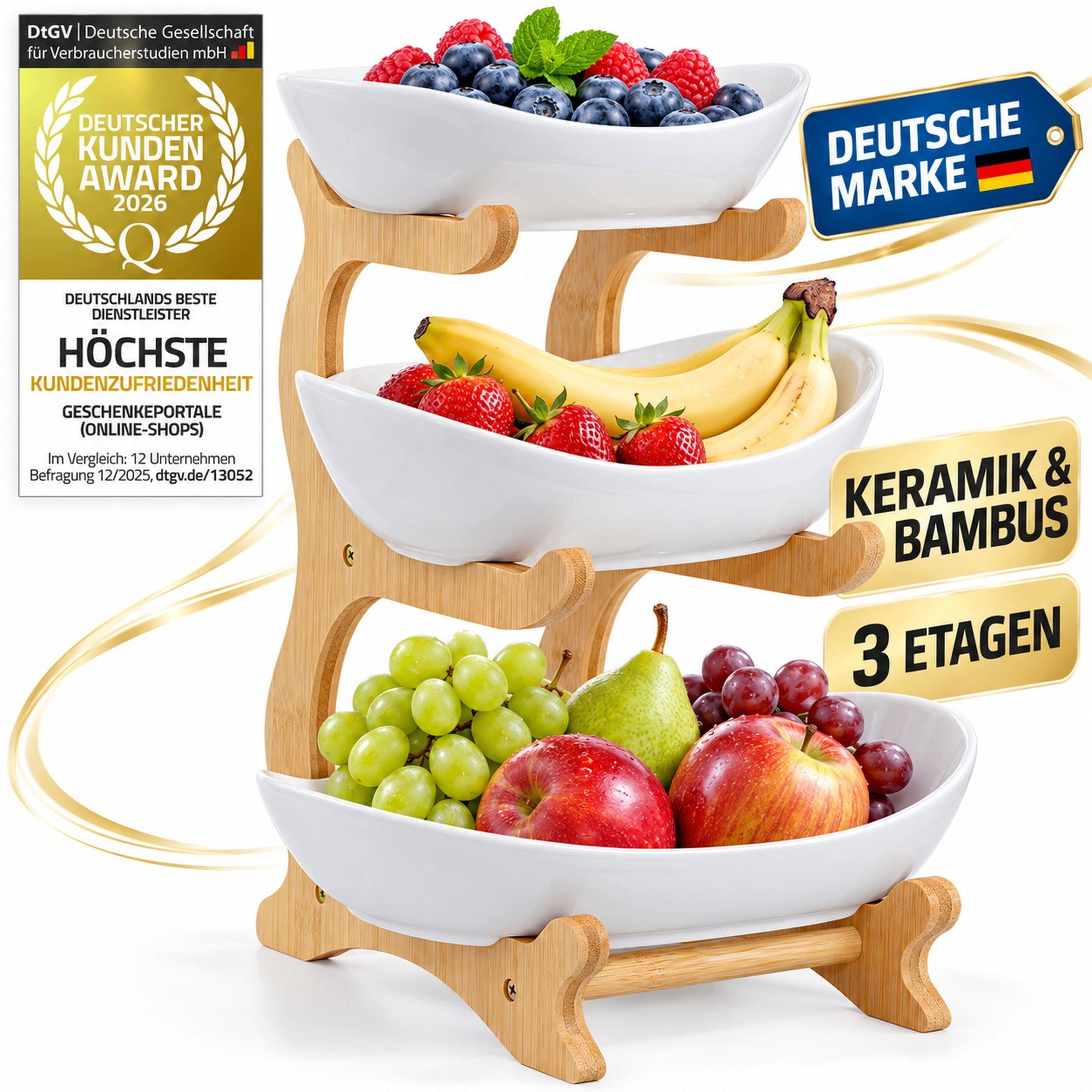 Dimono Etagere Dimono Deluxe 3-stöckige Etagere – Servierständer aus Natur-Schiefer, Keramik, (3-Etagen Servierschalen, Obst- & Gemüseschale), Servierschalen für Desserts, Obst, Gemüse, Süßes uvm.