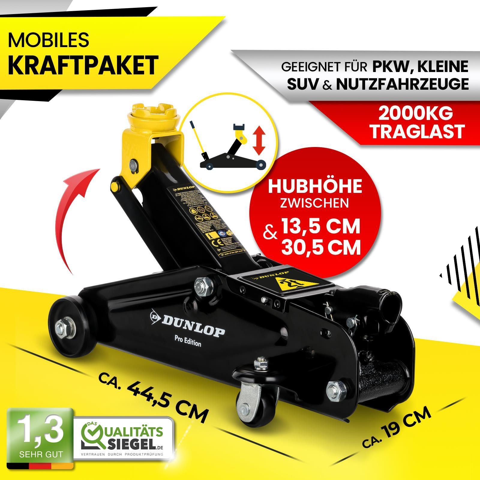 Dunlop Hydraulikheber Wagenheber hydraulisch Pro Edition car Jack Set car jack set, 2t hydraulischer Rangierwagenheber für PKW Kfz PRO Edition
