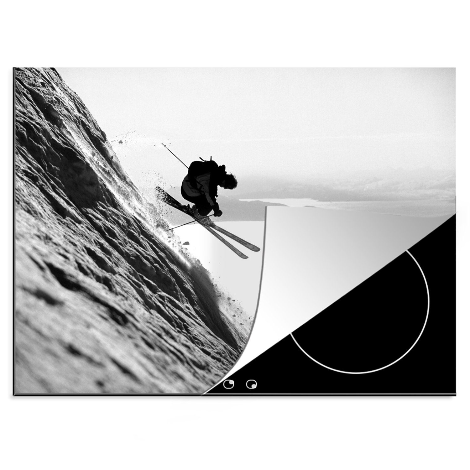 MuchoWow Herdblende-/Abdeckplatte Ein Mann fährt abseits der Piste in Norwegen Ski - schwarz-weiß, Vinyl, (1 tlg), 70x52 cm, Mobile Arbeitsfläche nutzbar, Ceranfeldabdeckung