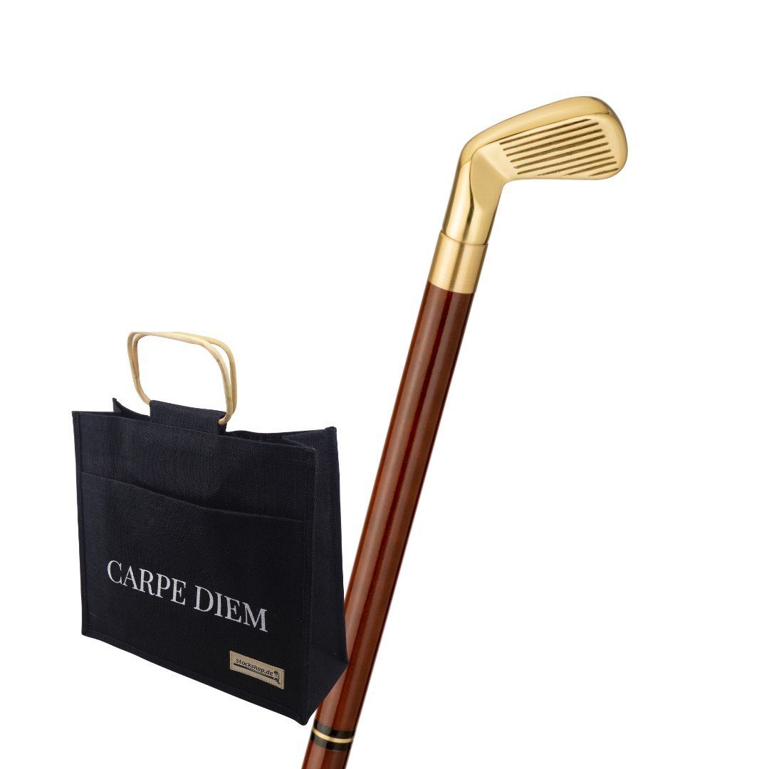 Stockshop Gehstock Trinkstock mit Jutetasche, Reisestock, GOLF Knaufgriff Messing, Stoc