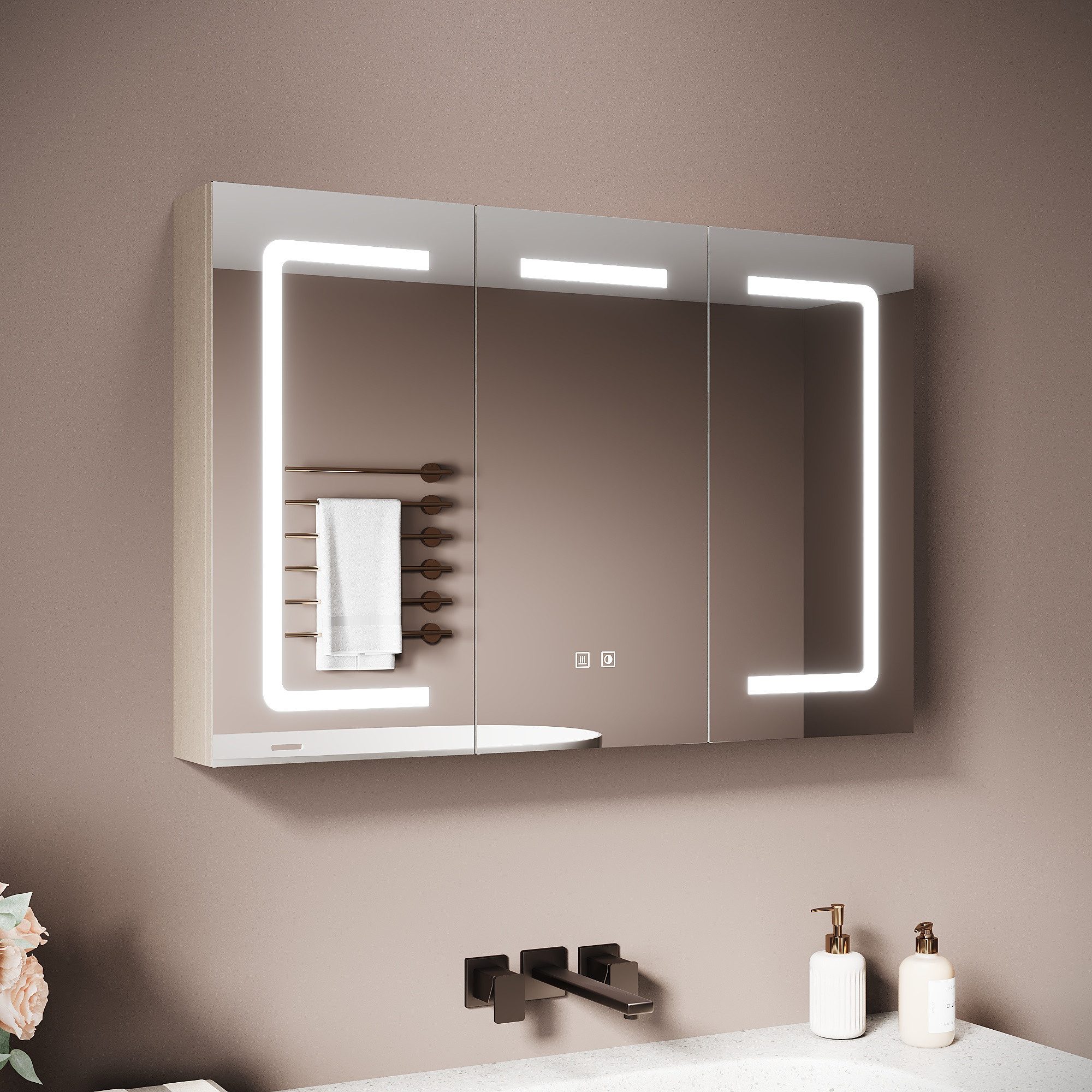 SONNI Spiegelschrank Badezimmerspiegelschrank, Spiegelschrank Badezimmer mit LED-Spiegel mit Beleuchtung, Anti-Beschlag, Licht in 3 Farbtemperaturen 90X60X13cm