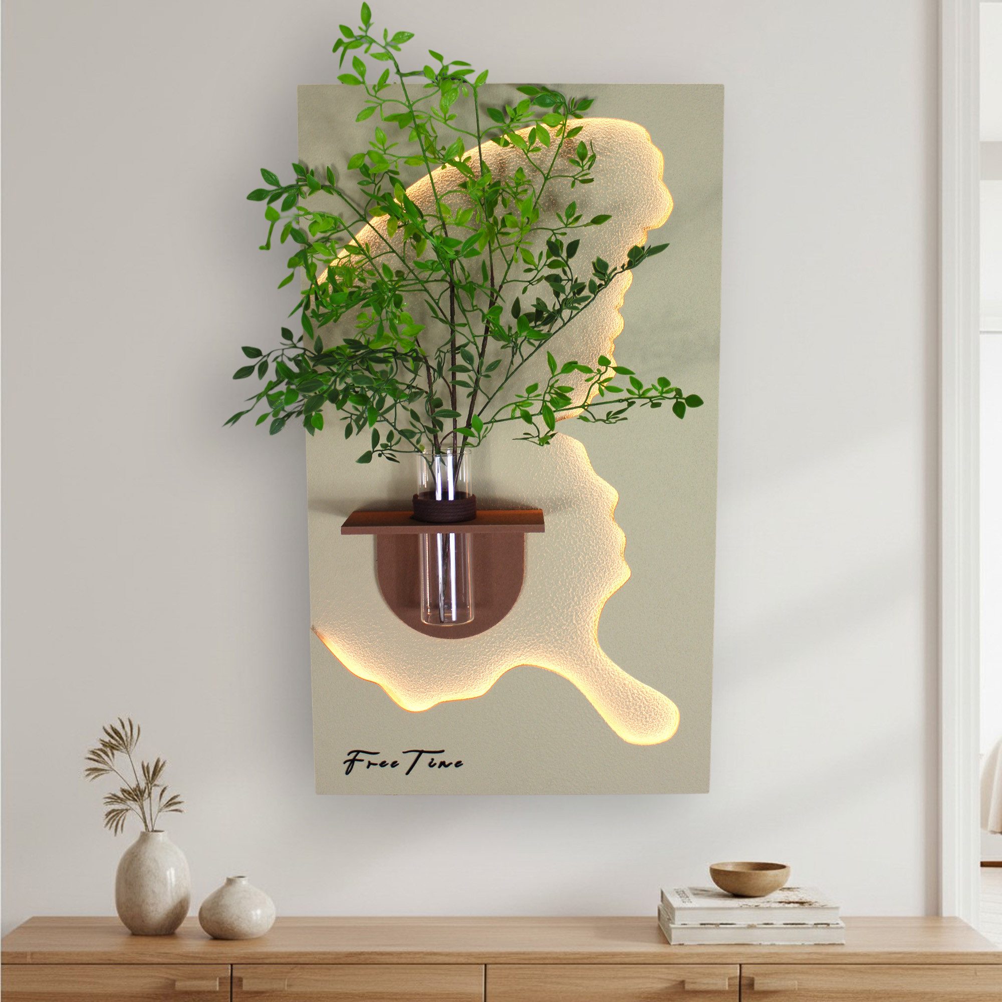 Arnusa LED-Bild 3D Wandbild mit LED-Beleuchtung & dekorativer Glasvase, Baum, Wanddeko Wandskulptur Wohnzimmerdeko