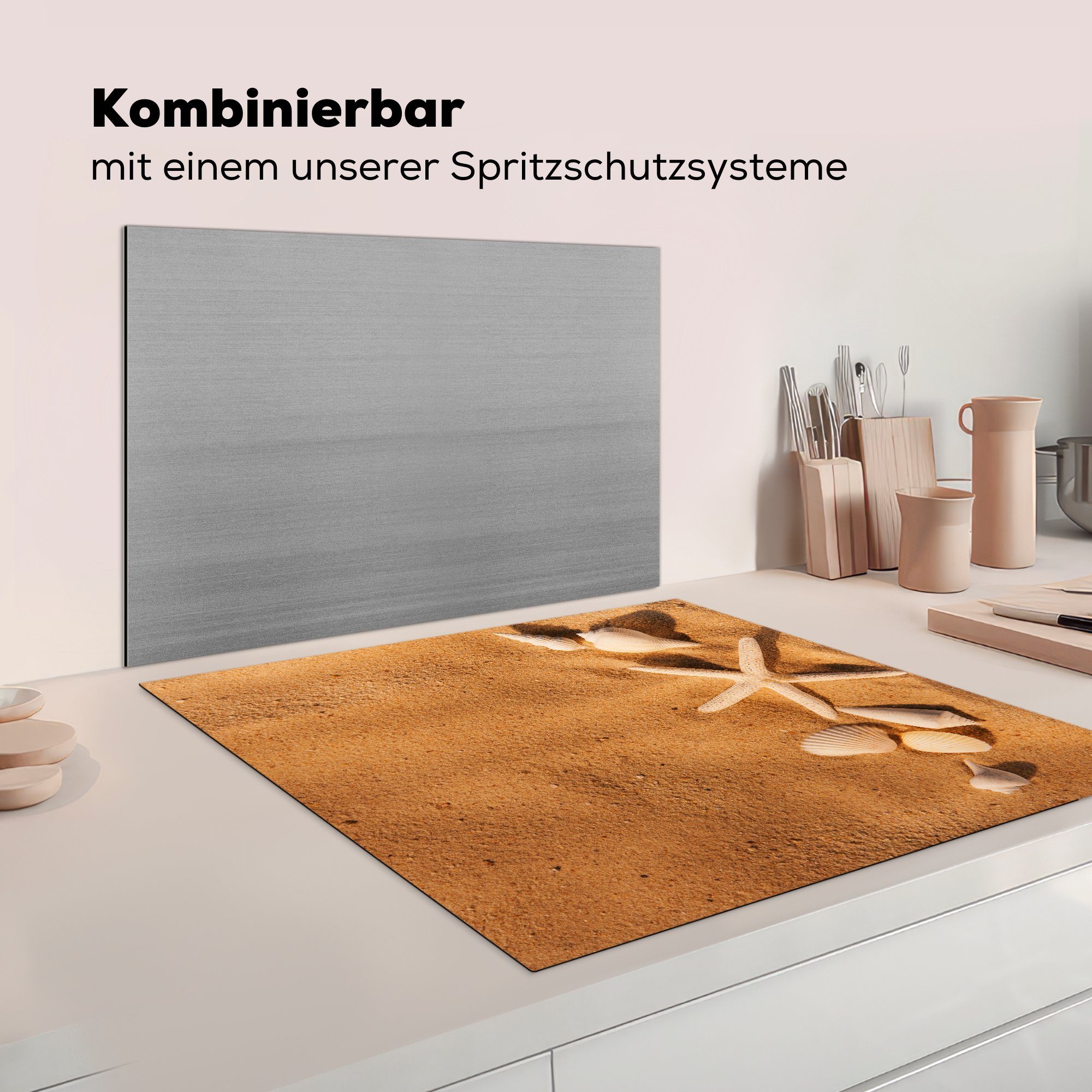 für küche cm, MuchoWow Ceranfeldabdeckung, 78x78 - Vinyl, Herdblende-/Abdeckplatte (1 Muscheln Arbeitsplatte Seesterne Sand, tlg), -