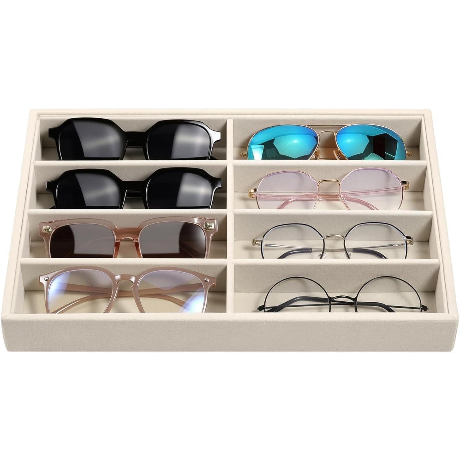 LuxusKollektion Schmuckkasten Aufbewahrungsbox Brille 8 Gitter Samt C-8 fächer ohne deckel beige