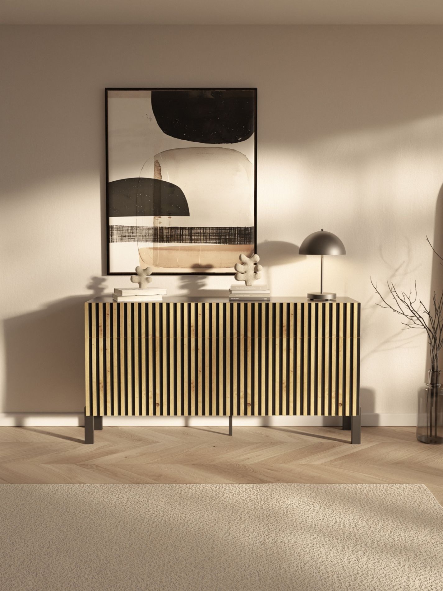 Selsey Sideboard TELIRE, 3 Türen, 3 Schubladen mit Push-to-Open, Lamellenfront, Metallfüße