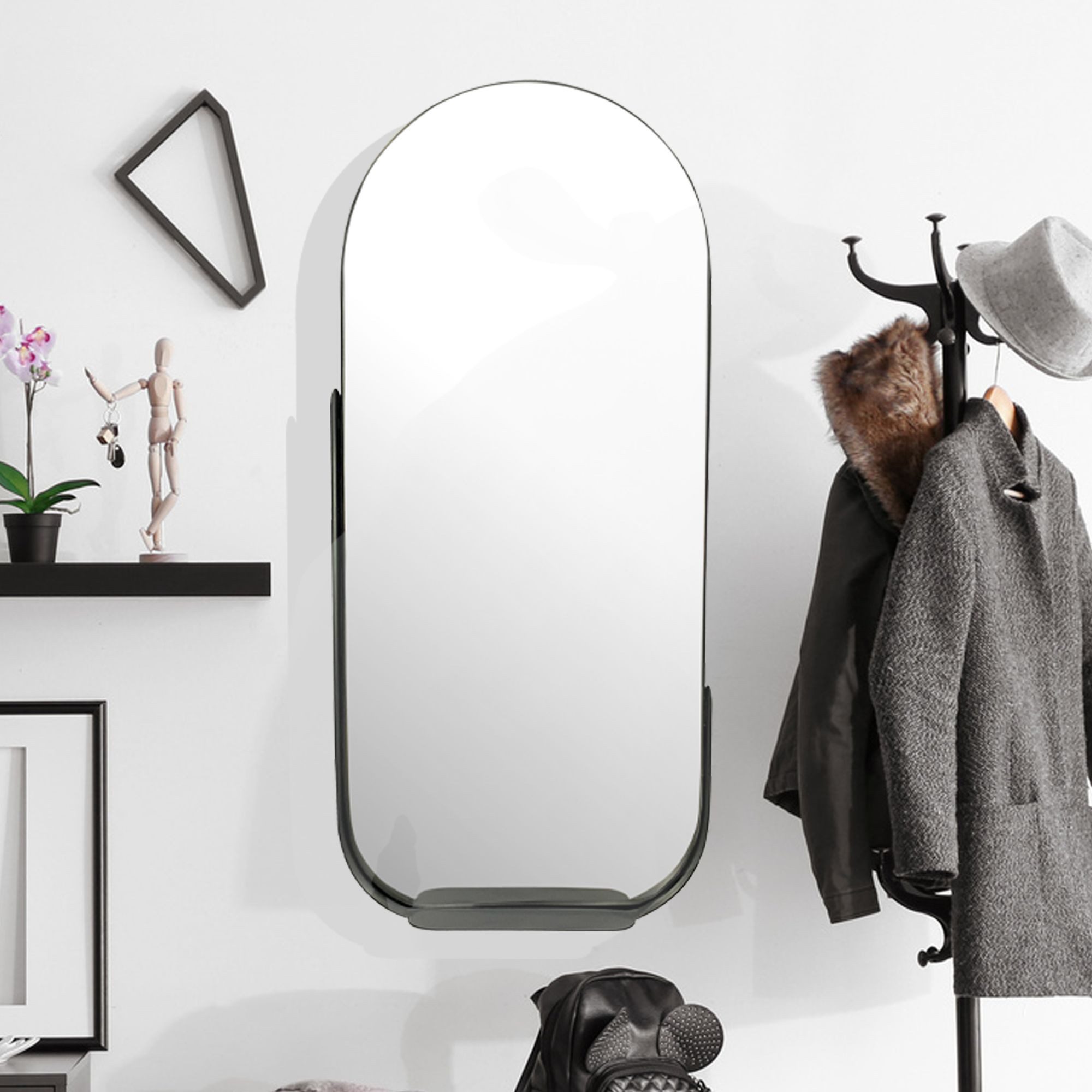 FINEBUY Wandspiegel Flurspiegel Oval Metall 114 cm Spiegel Hängespiegel Modern FB69426 (Dekospiegel Oval Ablage, Schwarz Metall 51x114 cm), Flurspiegel Garderobenspiegel, Hängespiegel Modern