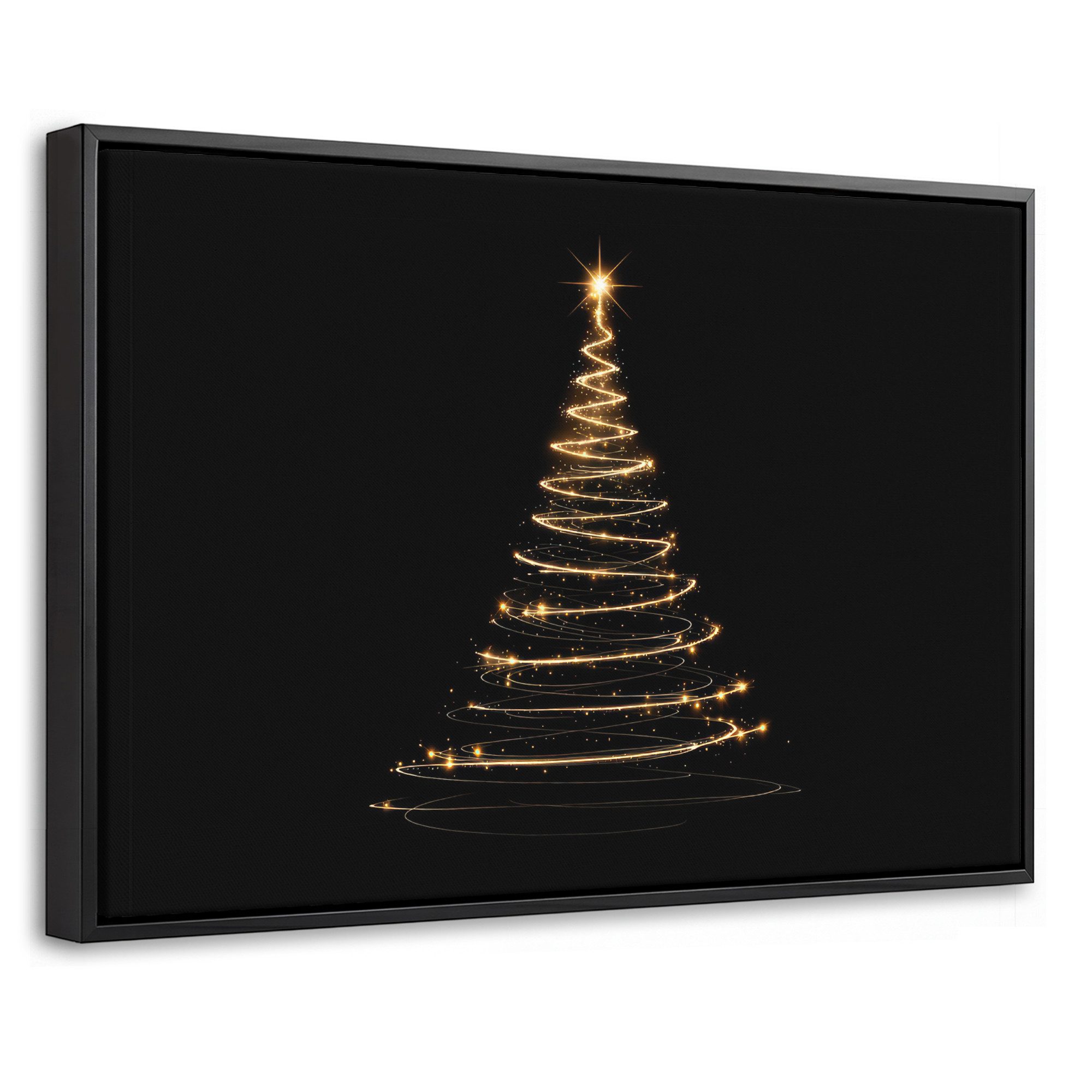 OneMillionCanvasses® Leinwandbild mit Rahmen - Magie - Weihnachtsbaum - Lichtspiralen - Schwarz, Fotodruck (1 St), Bilder, Zimmer Wand Bild Dekoration 30x20cm