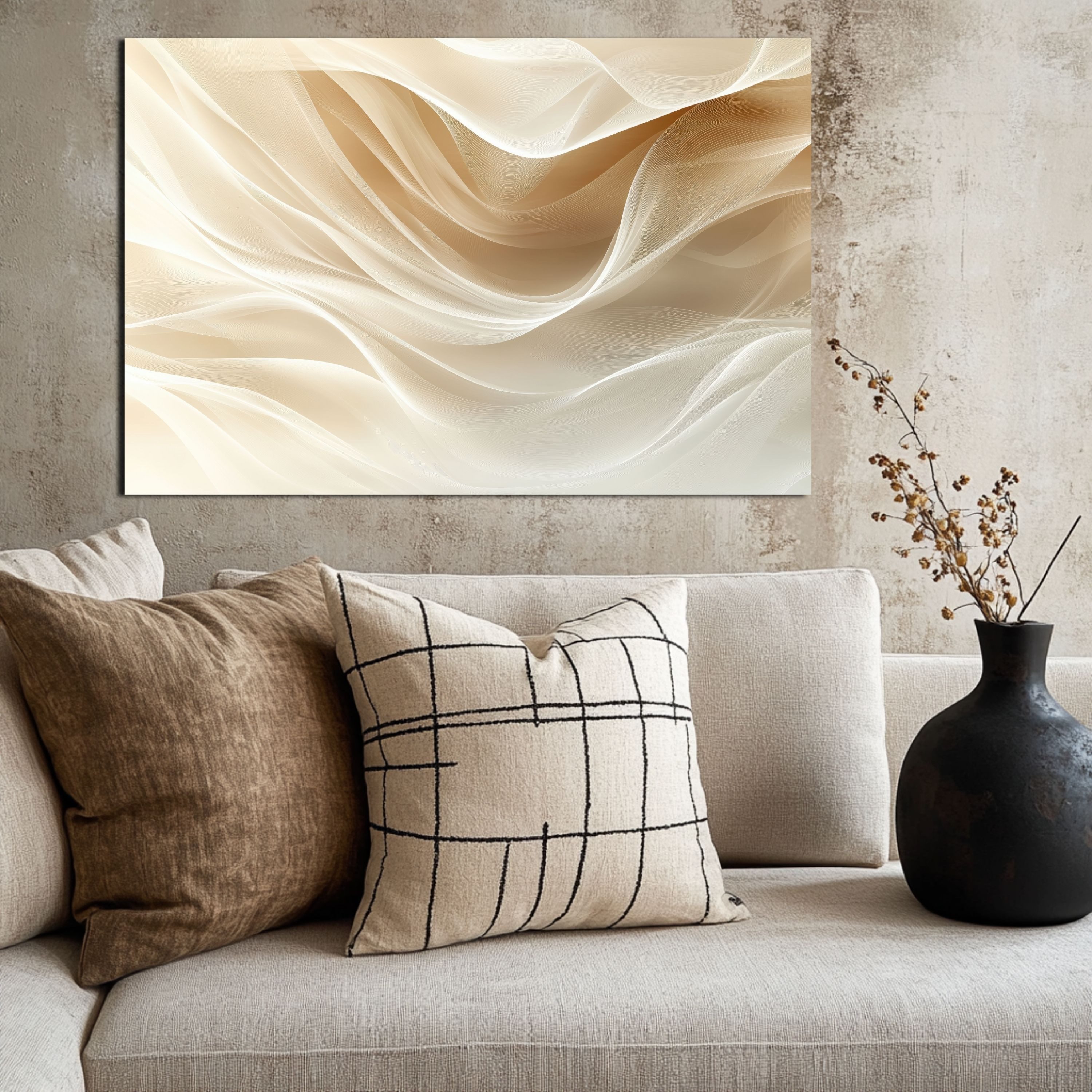 DARO Design Leinwandbild Modern Abstrakt Wandbilder XXL Wandbild Wand Deko Leinwand Bilder, (Wellen Beige - Bild groß Wohnzimmer Schlafzimmer Küche Esszimmer Ei – Bild 2 von 5