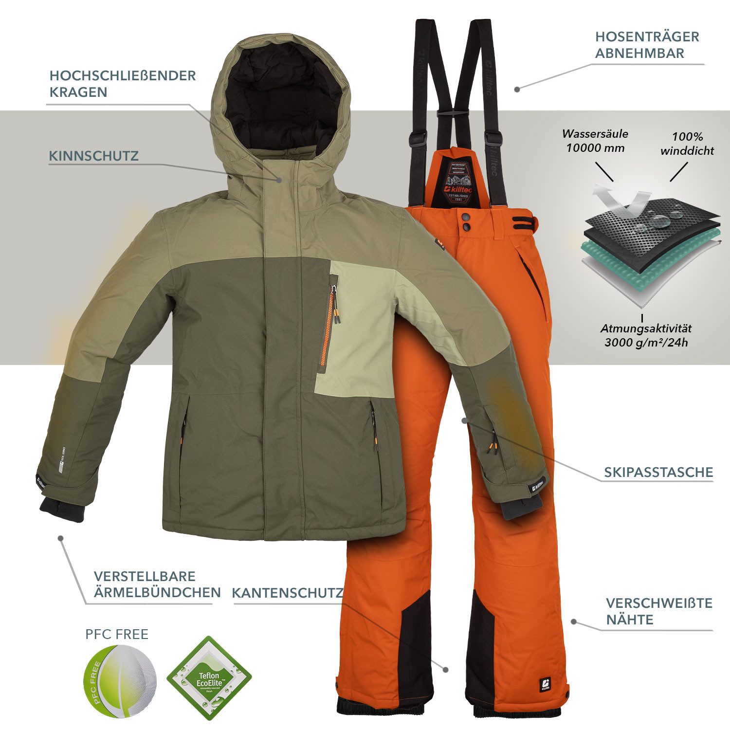 Killtec Skianzug für Jungen Alpin Skijacke + Skihose, wasserdicht - winddicht - atmungsaktiv - mit Schneefang