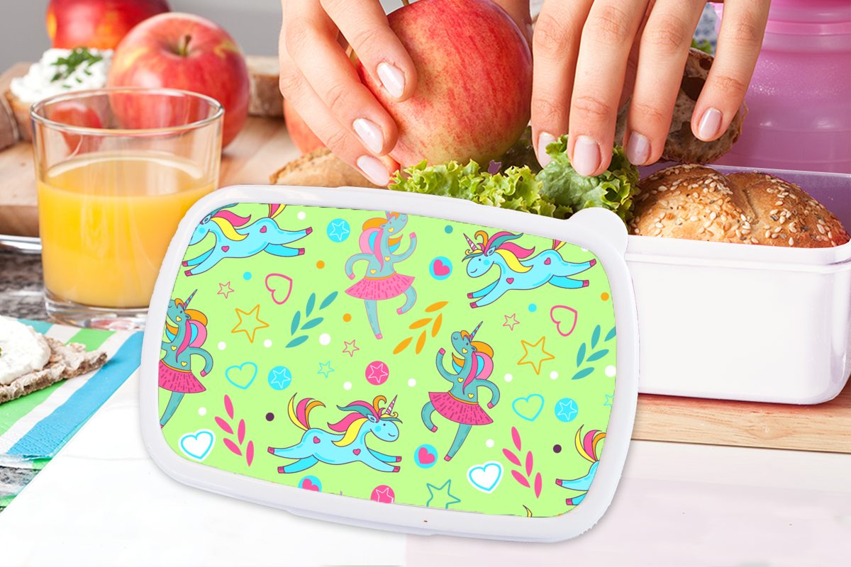 und Regenbogen, für Kunststoff, Kinder Erwachsene, - Jungs (2-tlg), und Ballerina MuchoWow Muster für - - Brotdose, Einhorn Lunchbox Mädchen weiß Brotbox