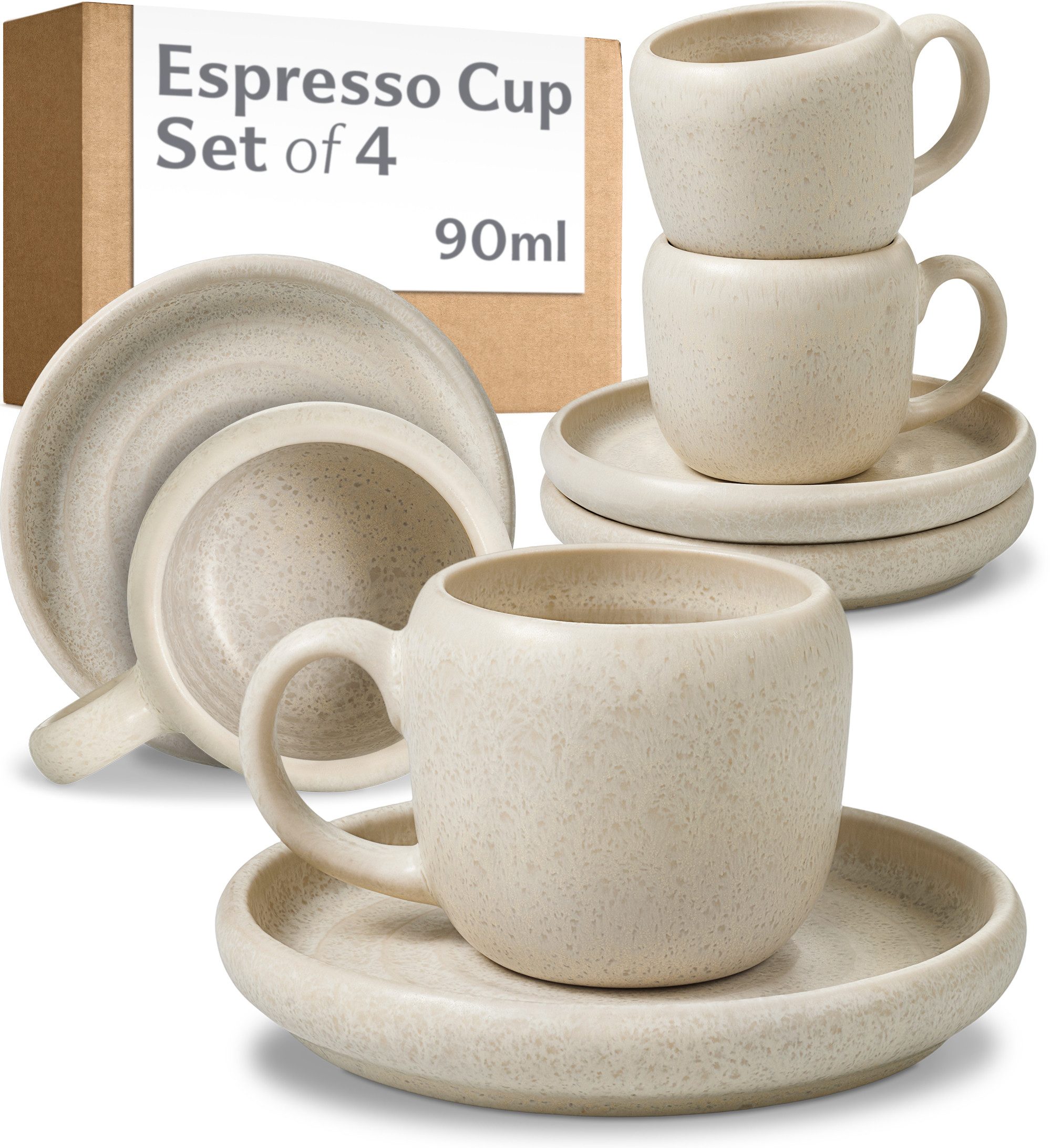 Cosumy Espressotasse 4er Espressotassen Set mit Untertassen Weiß – 90 ml Keramik Espresso, 4-tlg., Steingut, Handglasiert, Spülmaschinenfest & Mikrowellengeeignet, 4er Set