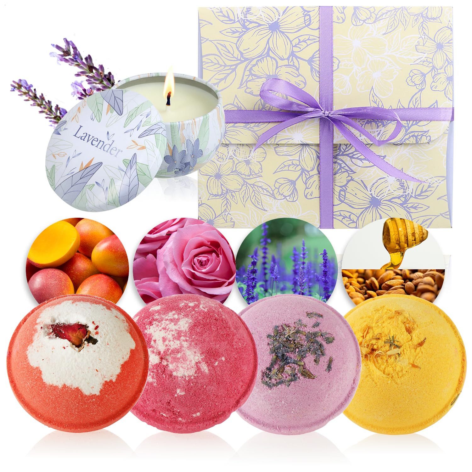 com-four Badekugel Geschenk-Box mit insgesamt Badebomben, Badekonfetti, 6-tlg., Sojawachskerze - Wellness-Set für Frauen und Männer