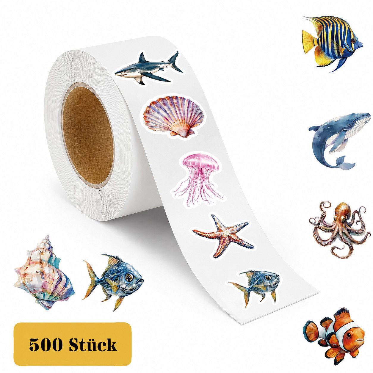 Ware aus aller Welt Sticker 500 Meerestiere Sticker Rolle Fische Seesterne Muscheln Krake ..., (500-tlg)