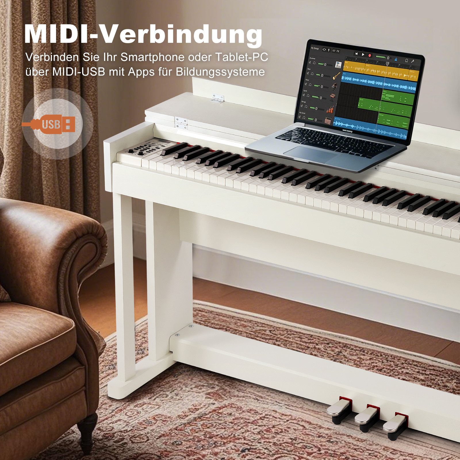 MUSTAR Digitalpiano Professionelles Digitalpiano 88 Tasten mit Hammermechanik, Klavierhocker, 3 Pedalen, USB/MIDI & Dualkontrollsystem – Bild 5 von 5