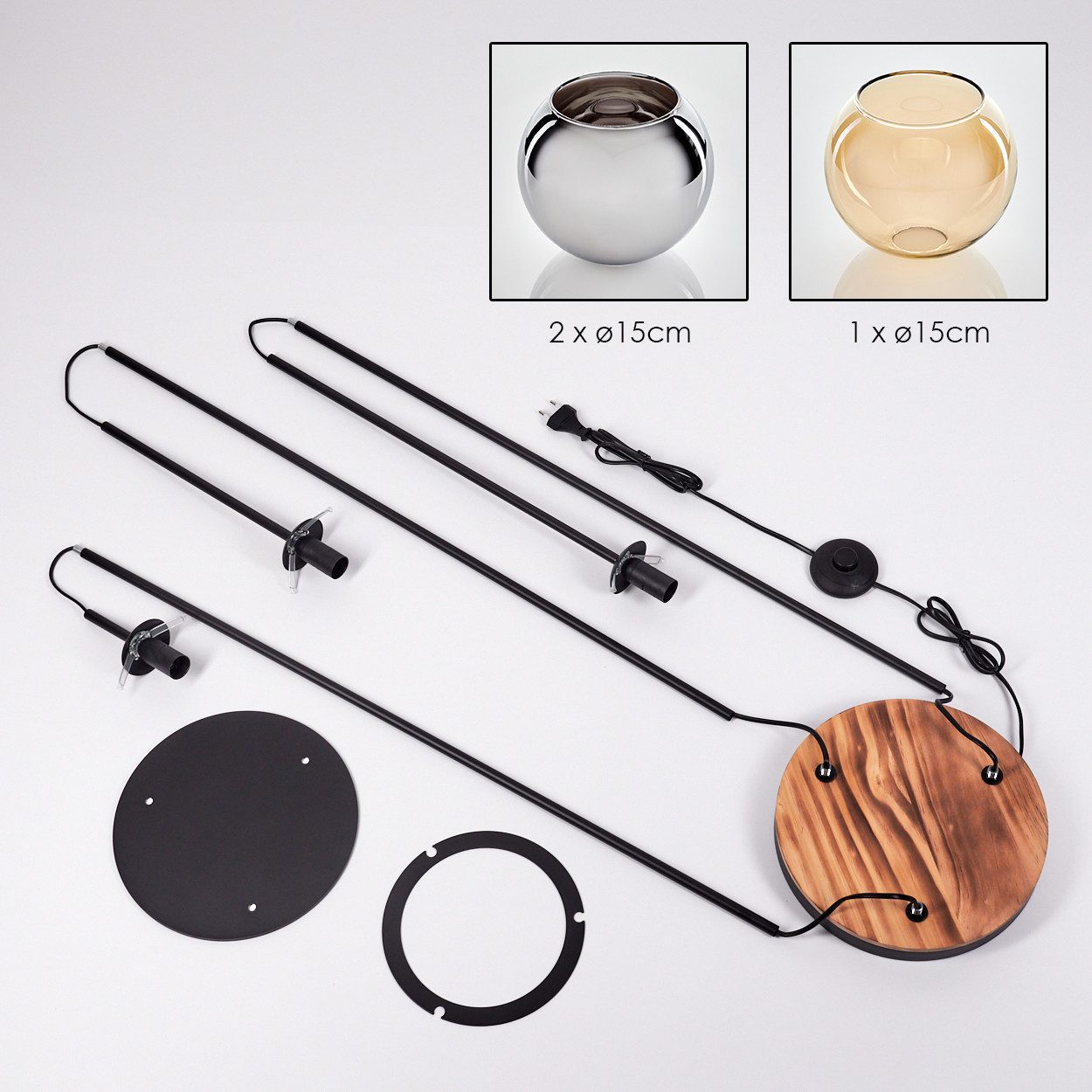 hofstein Stehlampe Stehlampe Metall/Holz/Glas in Schwarz/Hellbraun/Chrom/Rauch/Bernstein, ohne Leuchtmittel, Stehleuchte im Retro-Design m. Glasschirmen (15cm), Fußschalter, E14