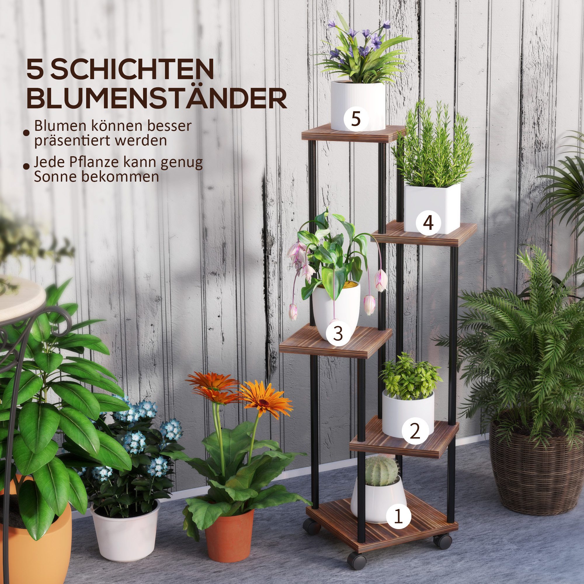 furnicato Pflanzentreppe Blumenständer 5 Ebenen, 5-stufig, Holz & Stahl, versetztes (1 St)