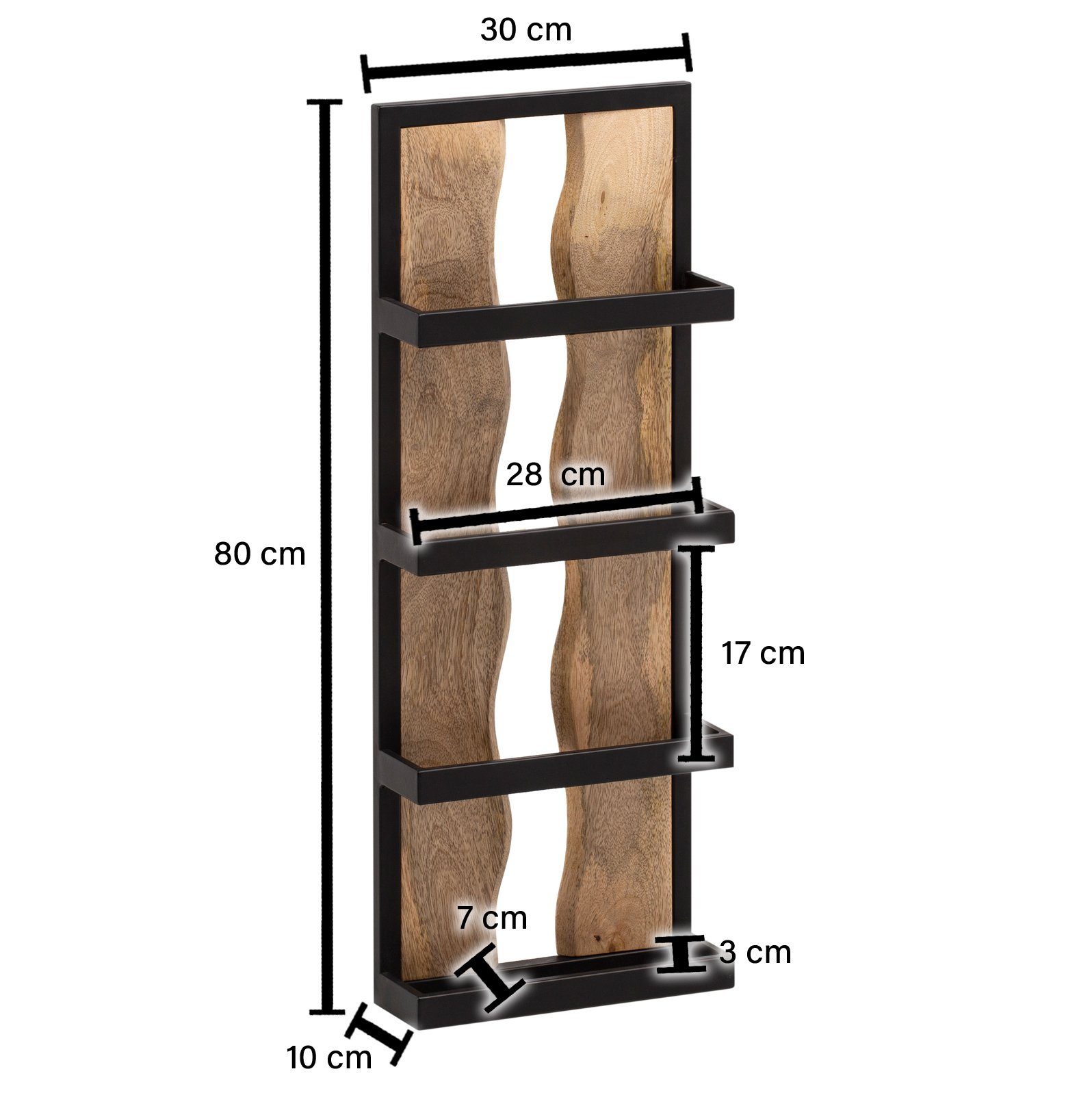 FINEBUY Wandregal FB95877 Hängeregal 30x80x10 cm Massivholz Metall Regal Industrial, 30x80x10 cm Mango Massivholz Metall Hängeregal, Schweberegal Rechteckig, Regal Hängend Industrial