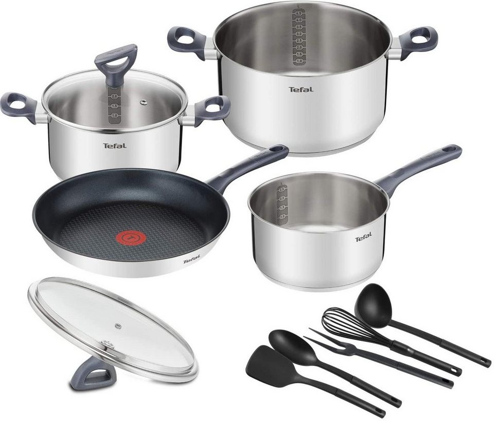 Tefal Kochtopf Tefal DAILY COOK Kochgeschirr-Set G713SB, 11tlg. (Stielkasserolle  16cm, Kochtöpfe 20/24cm mit Deckeln, Bratpfanne 28cm, Schneebesen,  Schöpfkelle, Löffel, Pfannenwender, Fleischgabel, (11-tlg., 1 x Pfanne 28 cm,  1 x Kasserolle 16 cm,