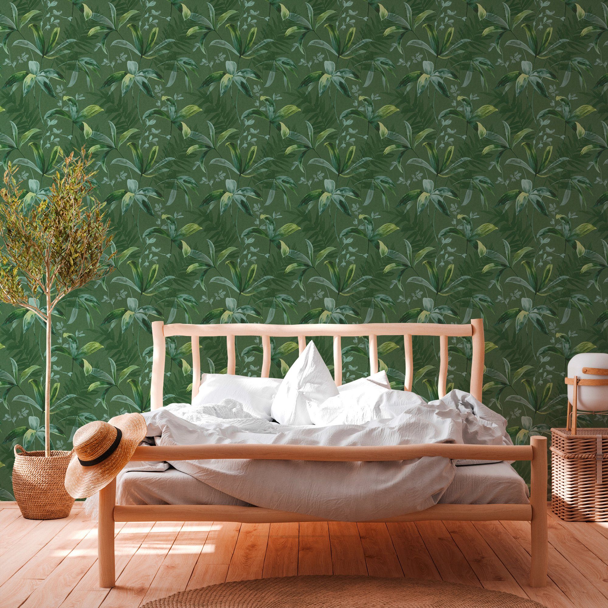 grün Tapete Palmentapete Dschungel tropisch, Jungle Paper glatt, Architects Chic, botanisch, Vliestapete floral,