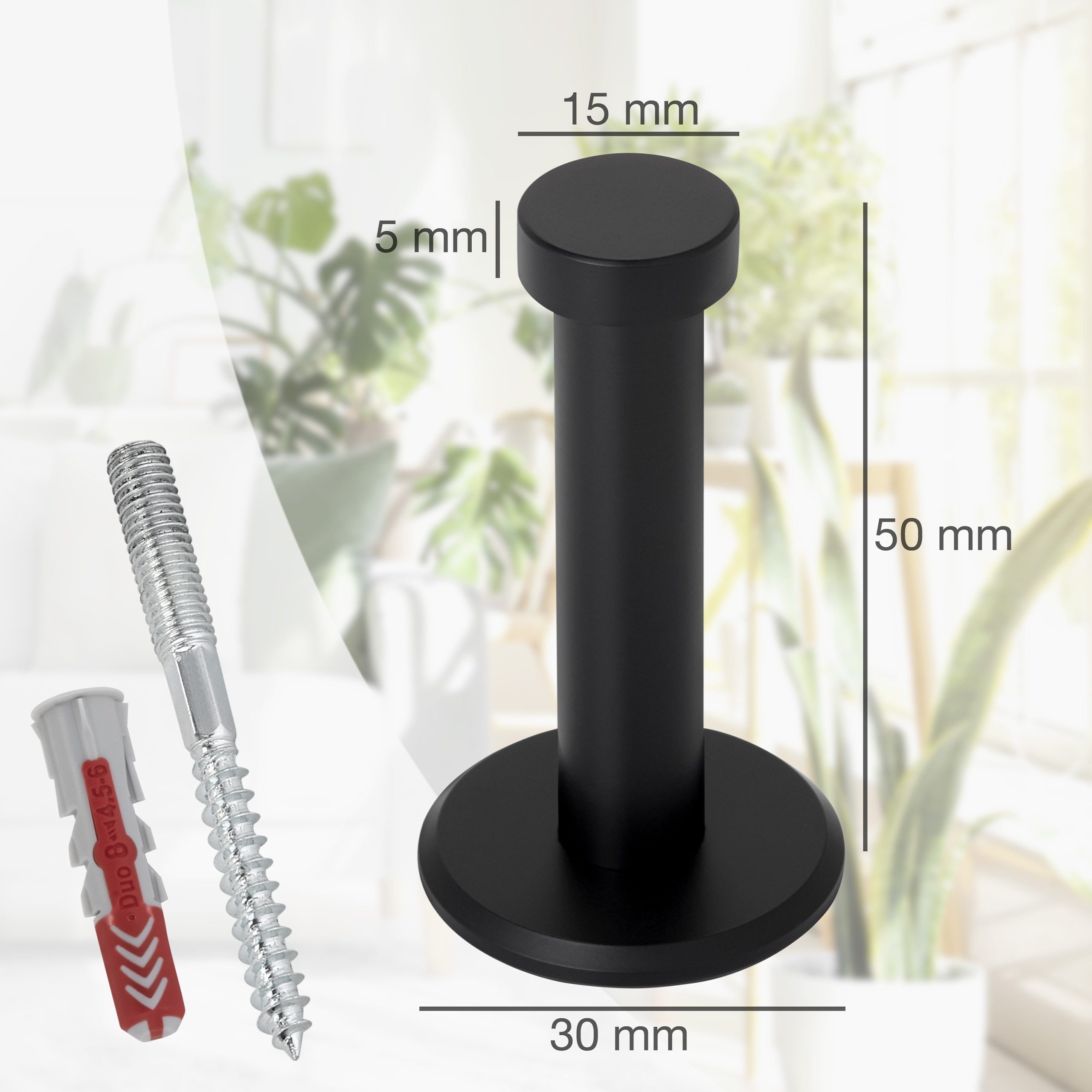 SO-TECH® Kleiderhaken Garderobenhaken TALEA Edelstahl massiv inkl. Montagematerial, (1-St), Ø 10 / 15 mm, Länge 50 mm, Gesamtlänge 53 mm, schwarz matt – Bild 3 von 5