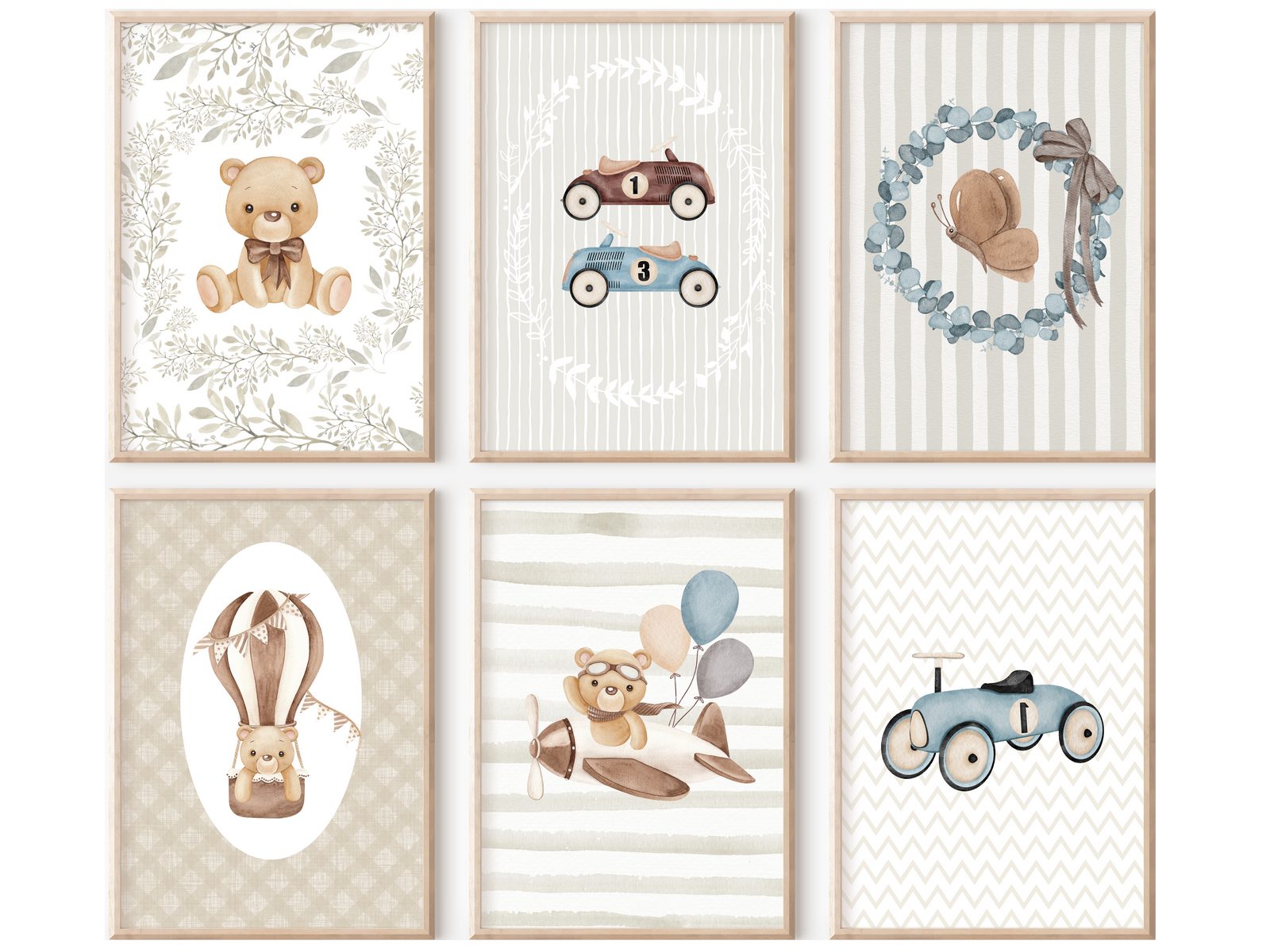 homestyle-accessoires Poster Kinderzimmer Bilderwand 6erSet Bilderset Babyzimmer TEDDY AUTO, - Ohne Bilderrahmen - Sorgfältige & sichere Verpackung