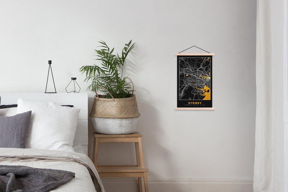 Magnetisch MuchoWow Gold Karte, Poster Textilposter Wohnzimmer, (1 Bilderleiste, für Posterleiste, - - Stadtplan - Sydney St),