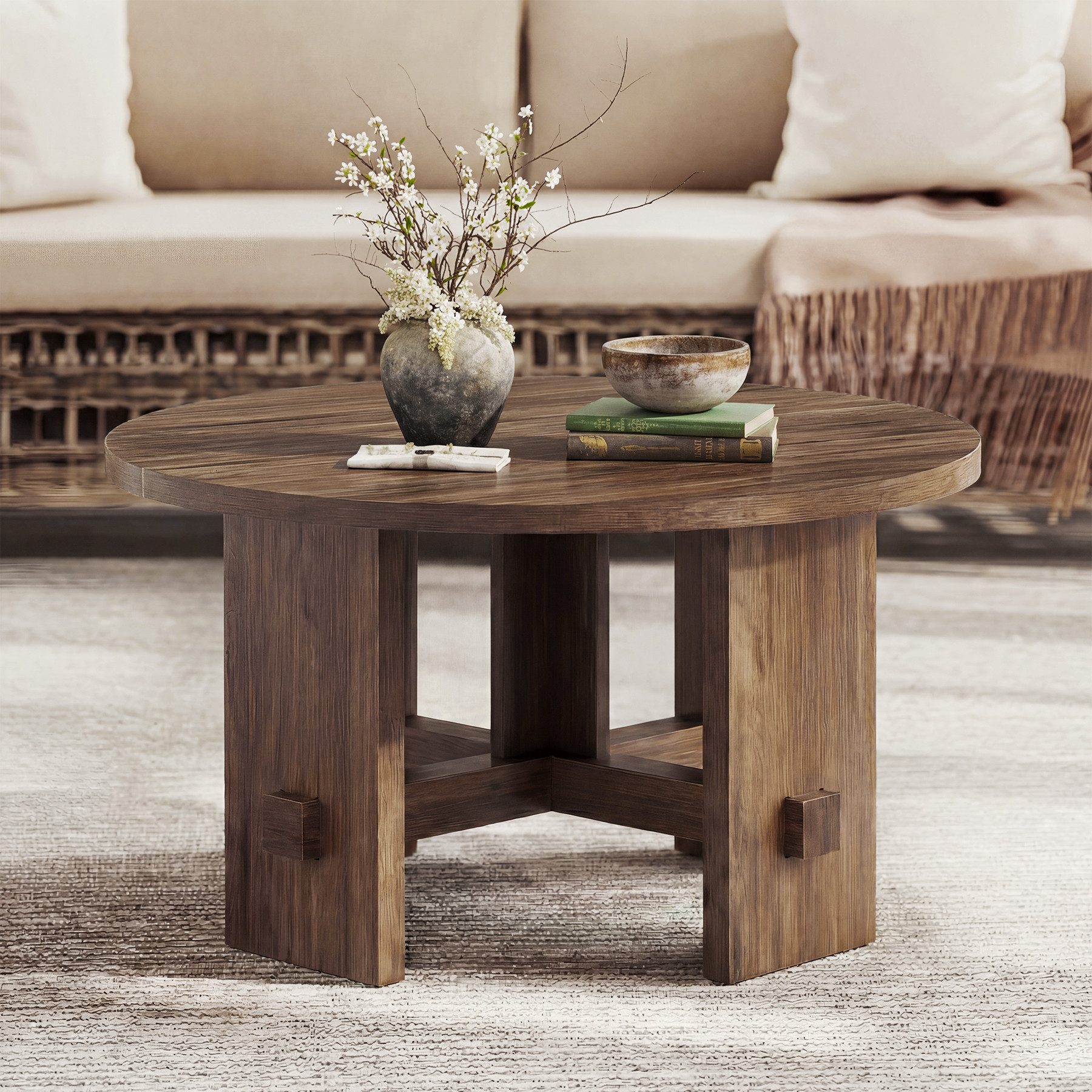Tribesigns Couchtisch Runder Couchtisch 80cm Mit Sockelfuß, Modern Farmhouse Sofatisch Braun