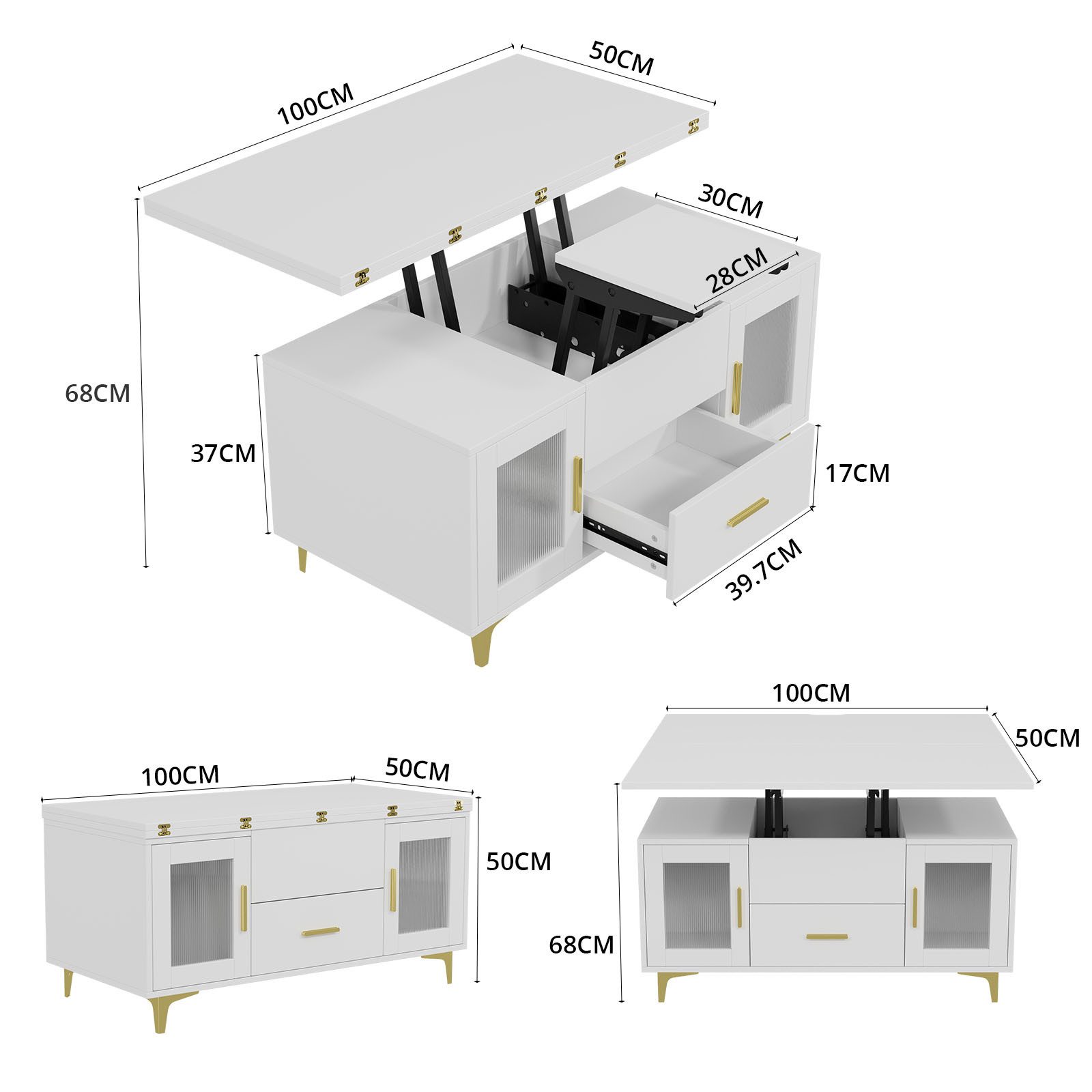 VOWNER Couchtisch Höhenverstellbarer 3-in-1-Couchtisch mit Schublade und Stauraum (1-St), umwandelbar in Esstisch, Weiß