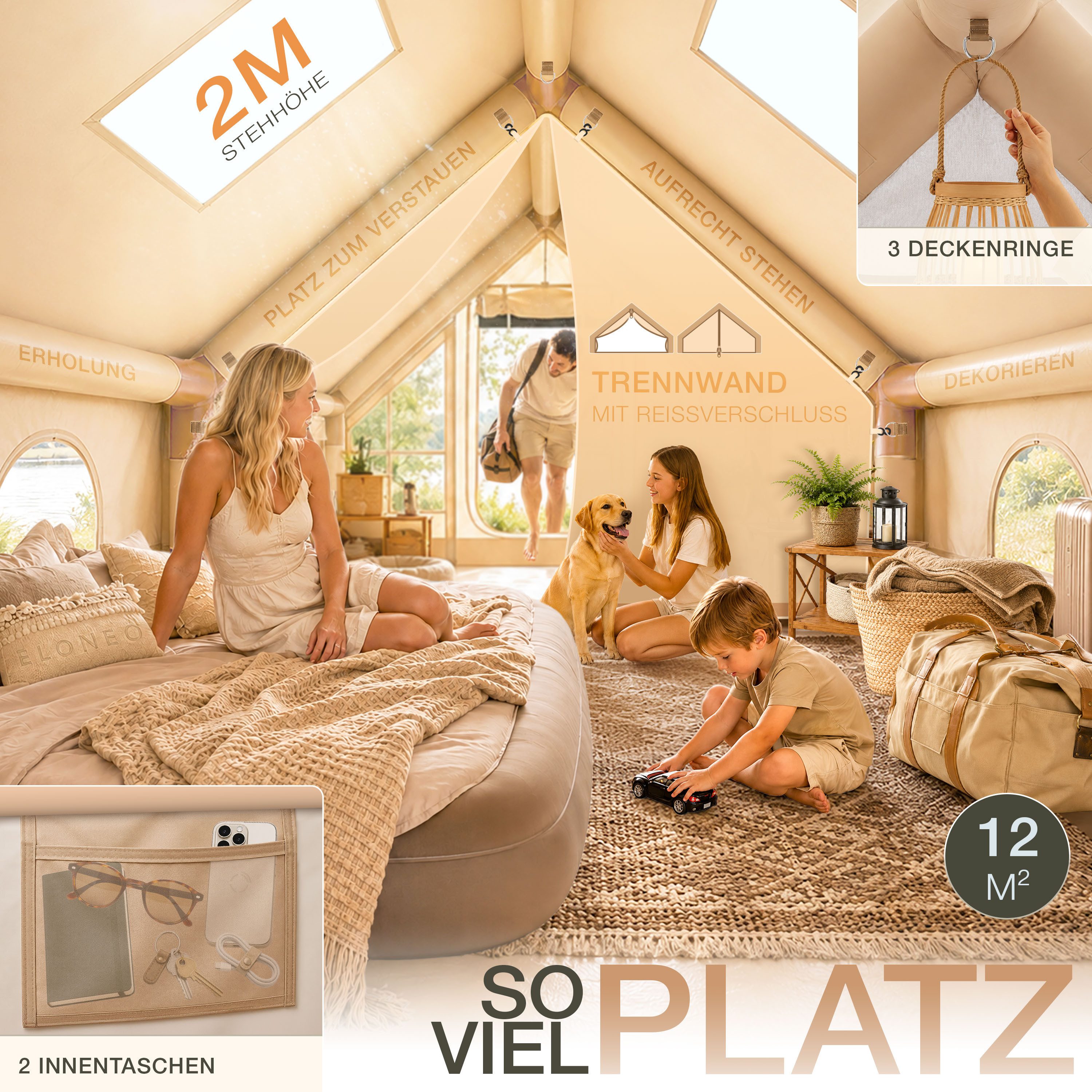 ELONEO aufblasbares Zelt ELONEO Glamping Zelt für 2-8 Personen mit Dachfenster, Personen: 8, UV-Schutz: UV50+