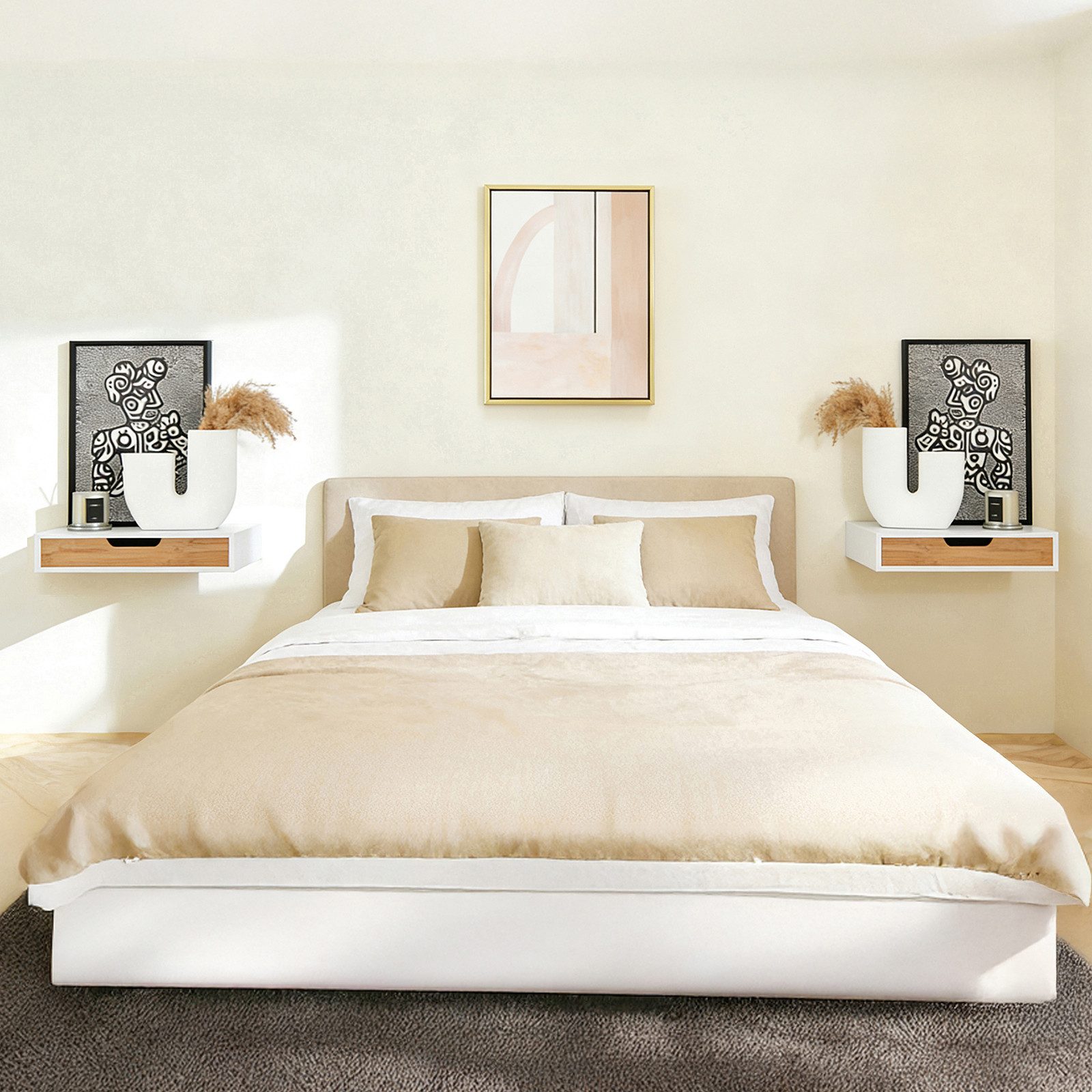 SoBuy Wandregal Schweberegal, 2er Set Wandboard, Nachttisch hängend Schublade