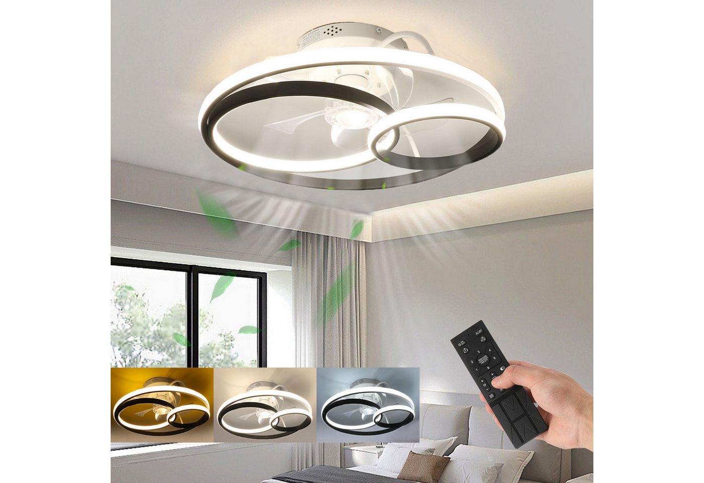 oyajia Deckenleuchte 55W Leise Deckenventilator mit Beleuchtung, 3-Ring-Deckenleuchte Timer, LED fest integriert, Warmweiß, Naturweiß, Kaltweiß, LED Deckenbeleuchtung mit Ventilator für Wohnzimmer Schlafzimmer Küche