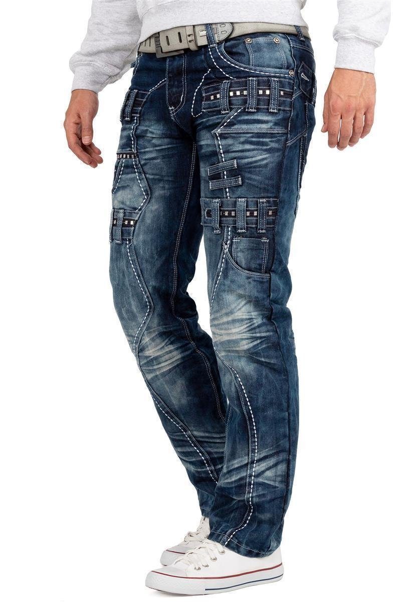 Kosmo Lupo 5-Pocket-Jeans Herren Regular Fit Hose Stonewashed KM8002 (1-tlg) mit stilvollen Nieten am Oberschenkel