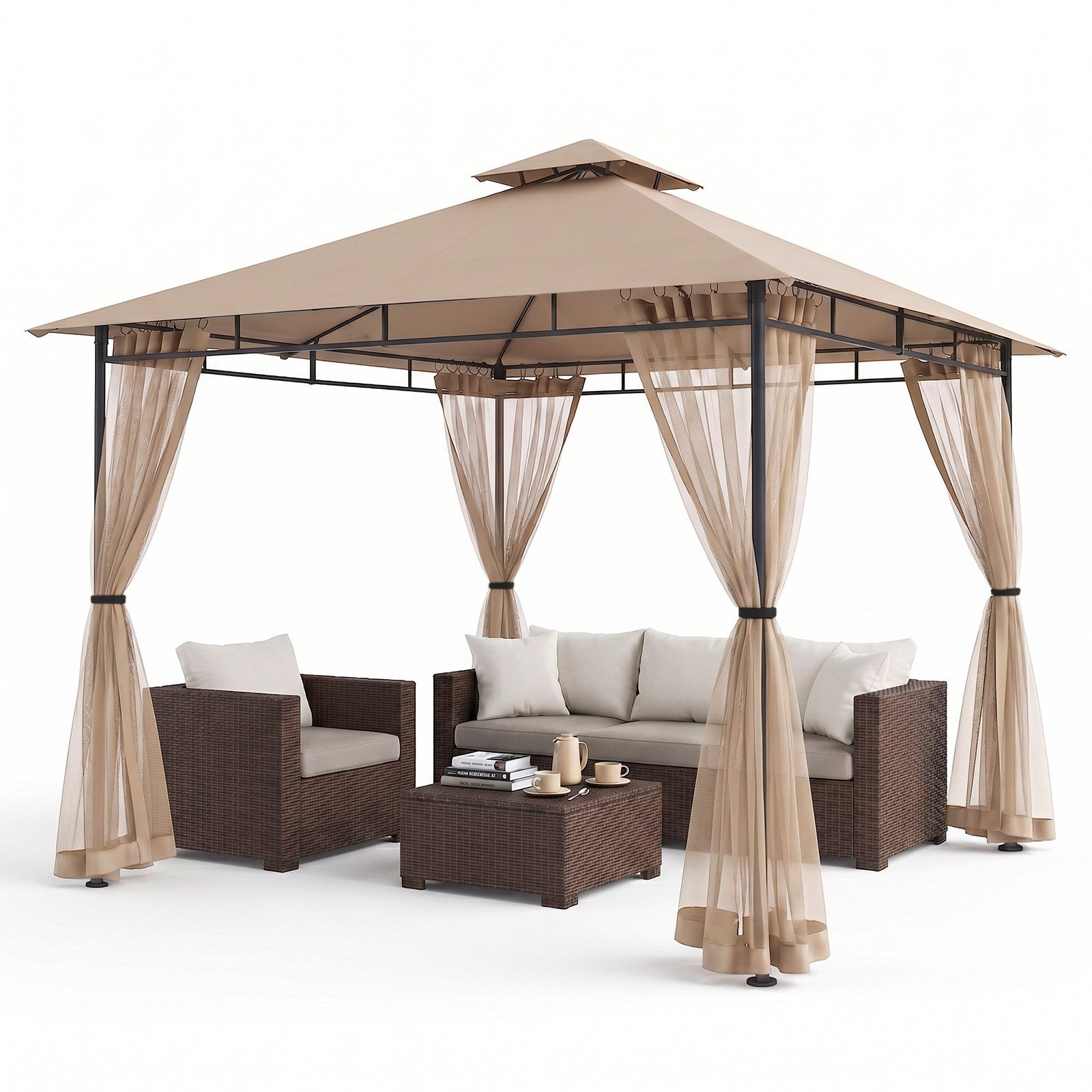 Sekey Pavillon 3 x 3m Pavillon Partyzelt Gartenpavillon mit Moskitonetz, Doppeldach, mit 4 Seitenteilen, Stabil, Wasserdicht, Winfest, Sonnenschutz – Bild 2 von 5