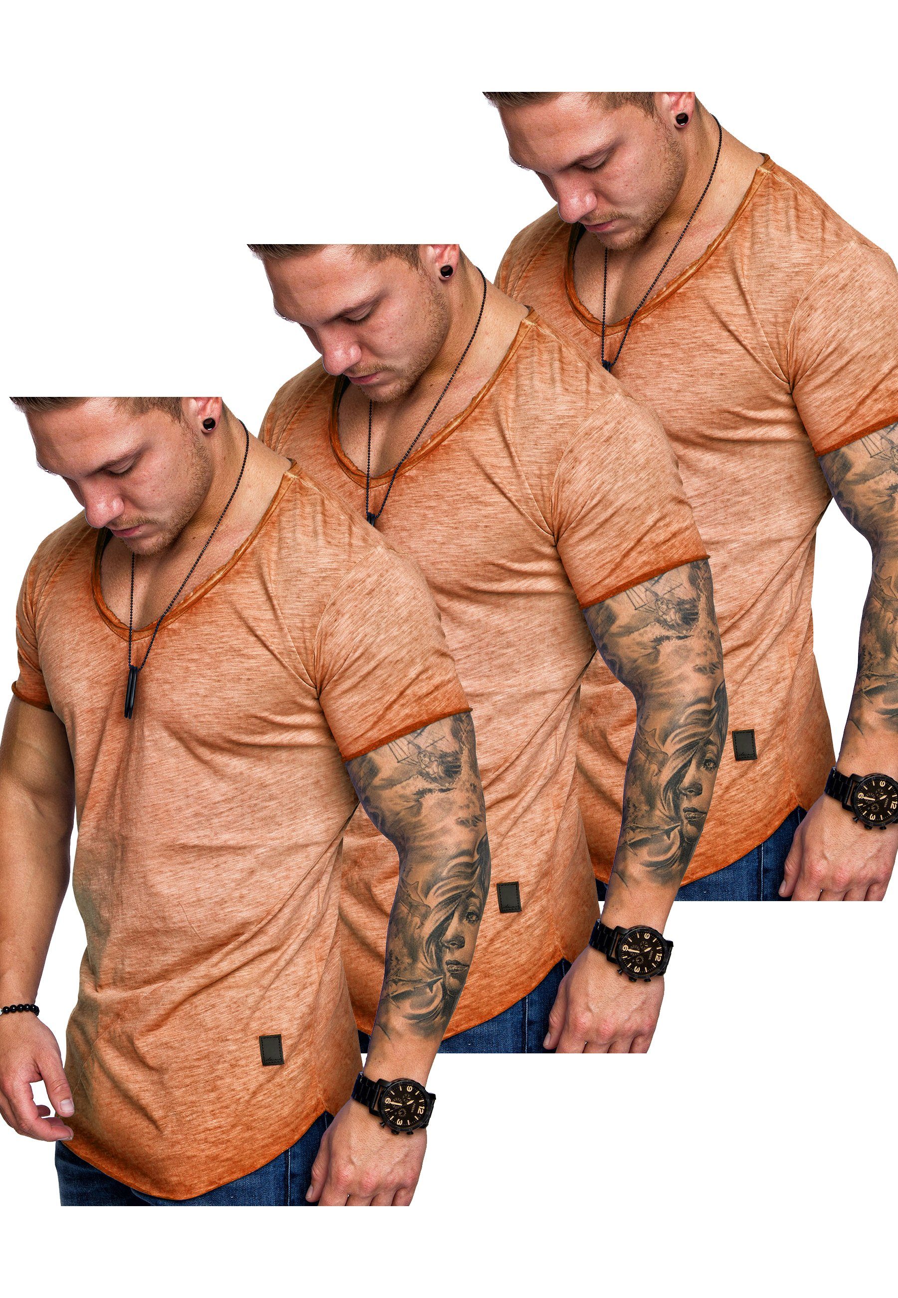 Herren Amaci&Sons V-Ausschnitt (3er-Pack) FRANCISCO (3x 3. SAN T-Shirts T-Shirt mit T-Shirt Oversize Orange) Basic 3er-Pack