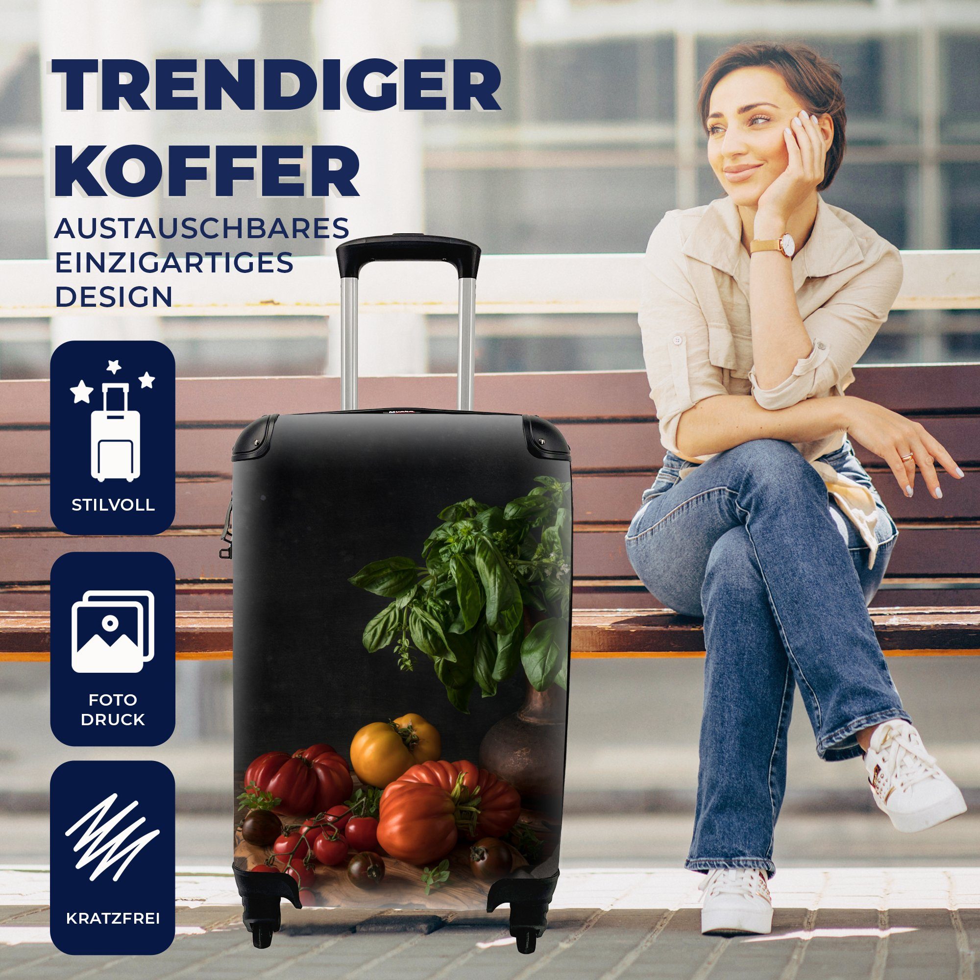 - Basilikum Trolley, - - Tomaten für mit Gemälde Reisekoffer 4 rollen, Handgepäckkoffer - Schwarz, Gemüse Handgepäck Stilleben - Rollen, Ferien, MuchoWow Reisetasche