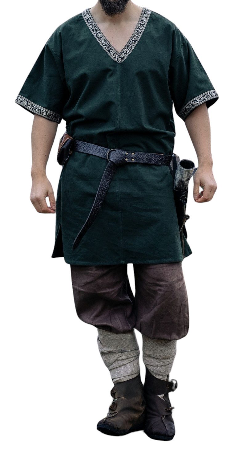 Leonardo Carbone Wikinger-Kostüm Tunika kurzarm "Loki" mit Bordüre, V-Ausschnitt, seitliche Schlitze