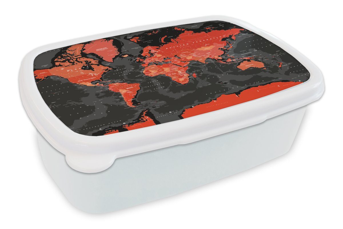 MuchoWow Lunchbox Weltkarte - Rot Erwachsene, Kinder Schwarz Mädchen, und - und weiß - für Brotbox Brotdose, - für - Kind Kind Kunststoff, Mädchen Jungs (2-tlg)