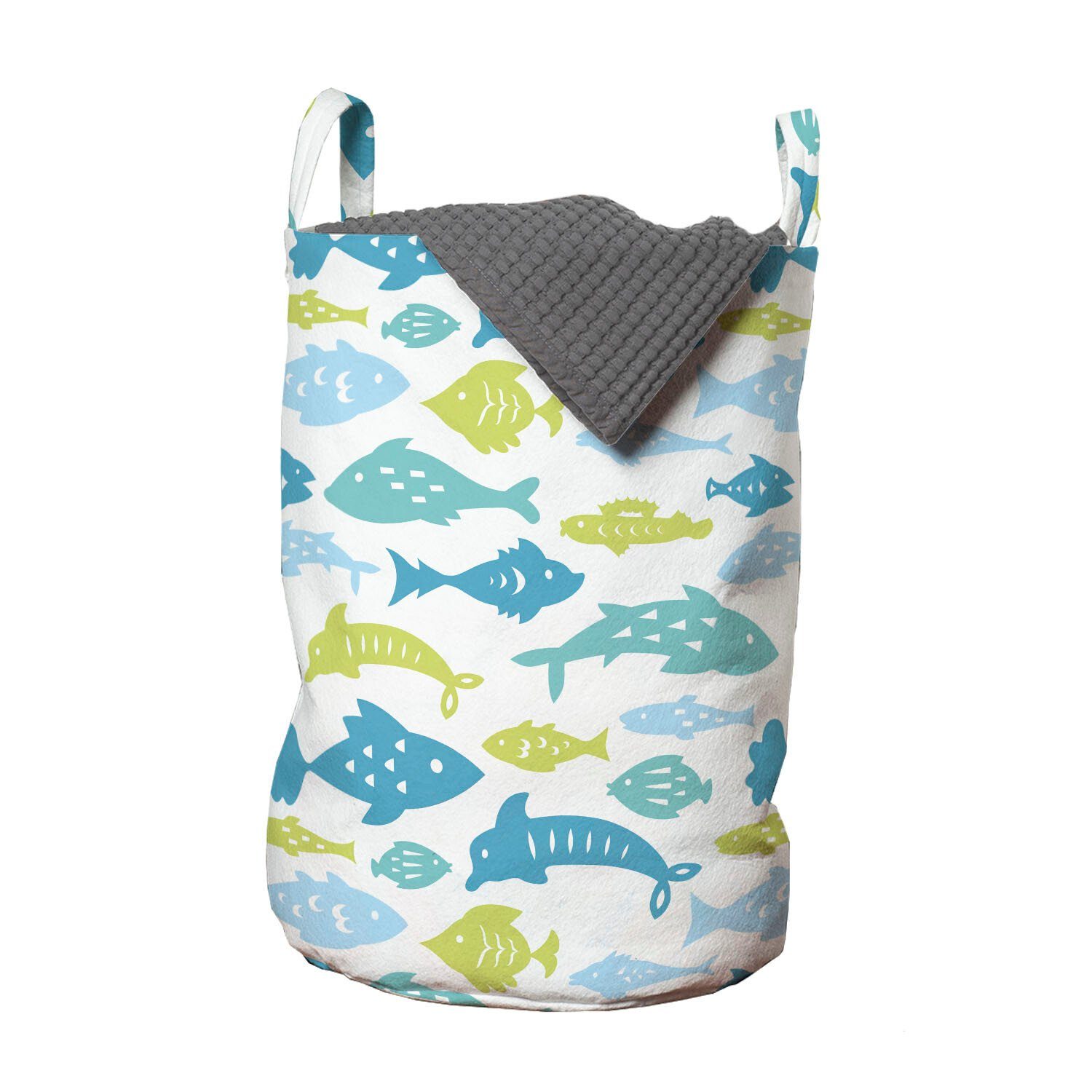 Abakuhaus Wäschesäckchen Wäschekorb mit Griffen Kordelzugverschluss für Waschsalons, Fisch Geometrische Kunst Wassertiere