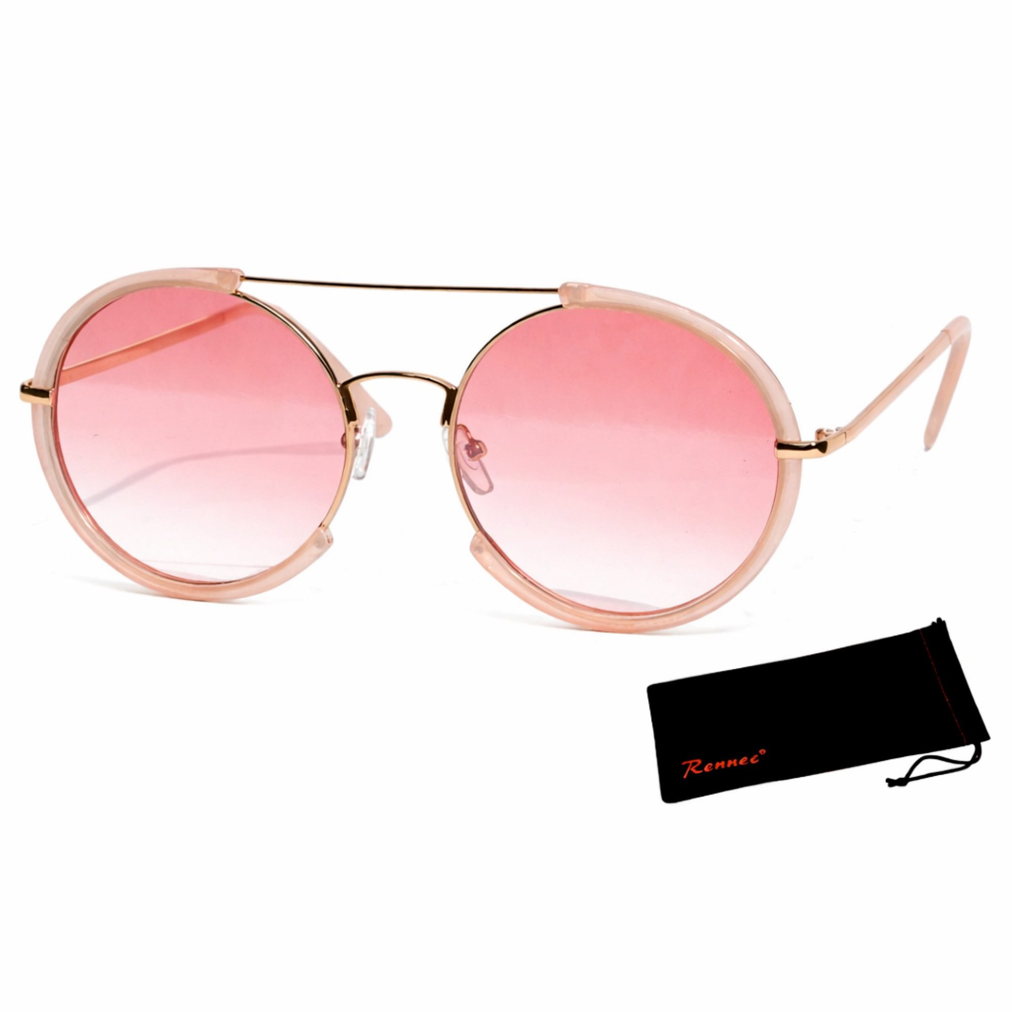 Rennec Sonnenbrille (Runde Damen Sonnenbrille Oversize Edelstahl Gestell Gold, 1x Nickelbrille XL Groß Metallbrille mit Brillenbeutel) Große runde Gläser UV400 Rosa Verlaufsgetönt