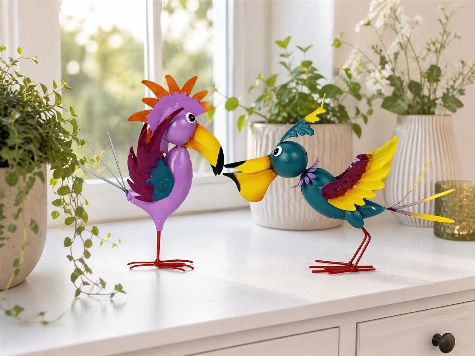 Geschenkestadl Tierfigur Bunte Metall Vögel 2er Set ausgefallene Dekofiguren modern 19/20 cm (Spar-Set, 2 St., 2tlg), lustige Vögel – Bild 2 von 5