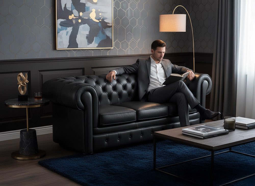 JVmoebel Chesterfield-Sofa Schwarzes Leder Sofa im Chesterfield-Stil mit klassischem Design, 1 Teile, Made in Europa