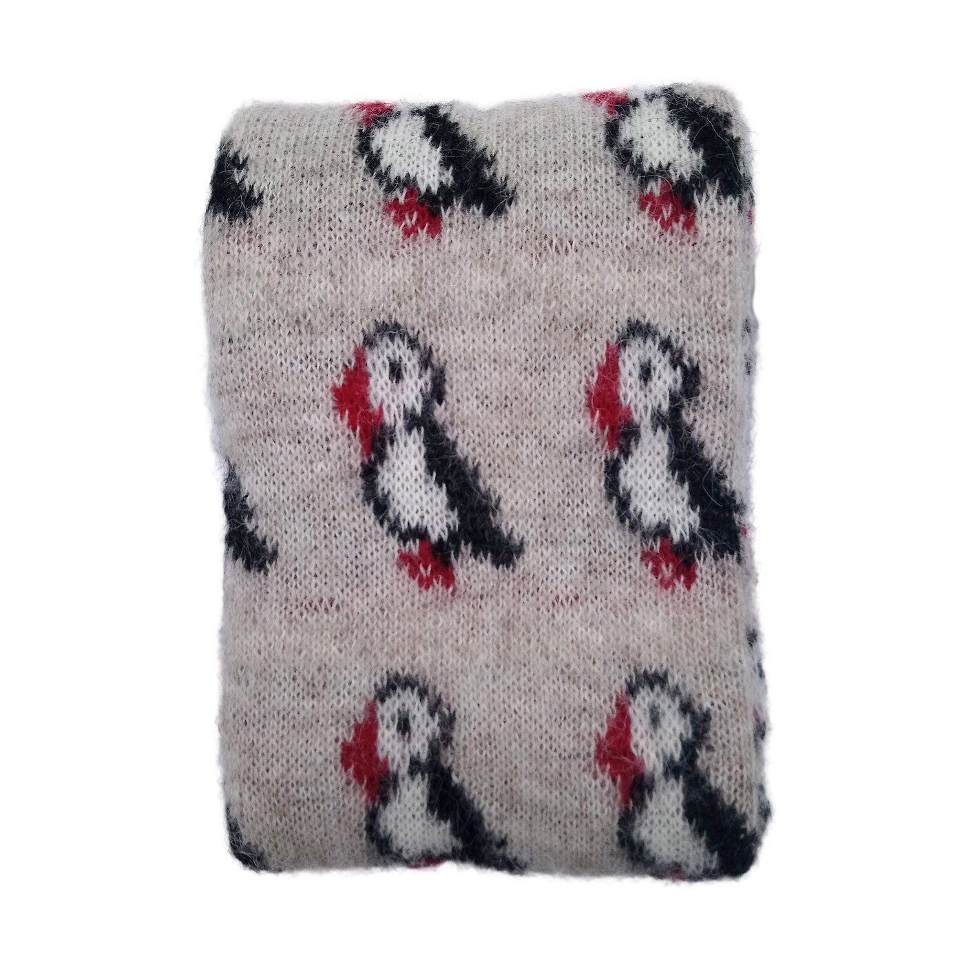 Wolldecke - 80 x 80 cm - Kleine Strickdecke - Papageientaucher, KIDKA, - aus rauer isländischer Wolle