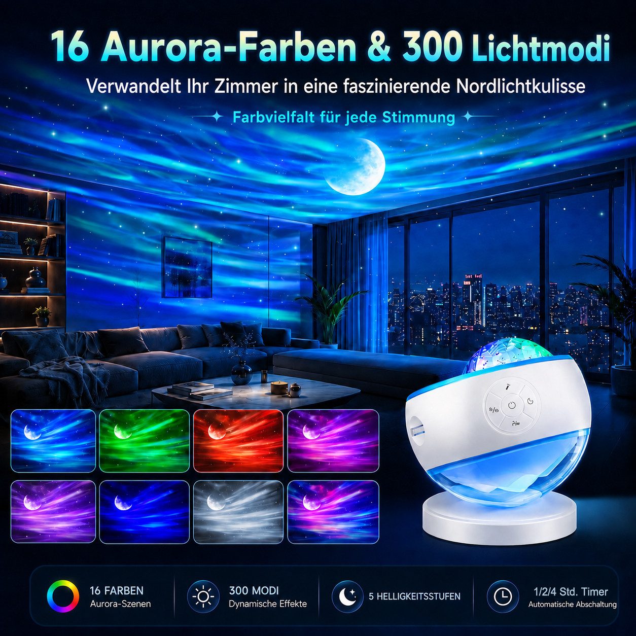 Futicare Nachtlicht LED Sternenhimmel Projektor mit Nordlicht, 16 Farben & 300 Lichtmodi, 5 Motive, Bluetooth-Lautsprecher, 10 Weißrausch-Klänge, Fernbedienung  – Bild 2 von 5